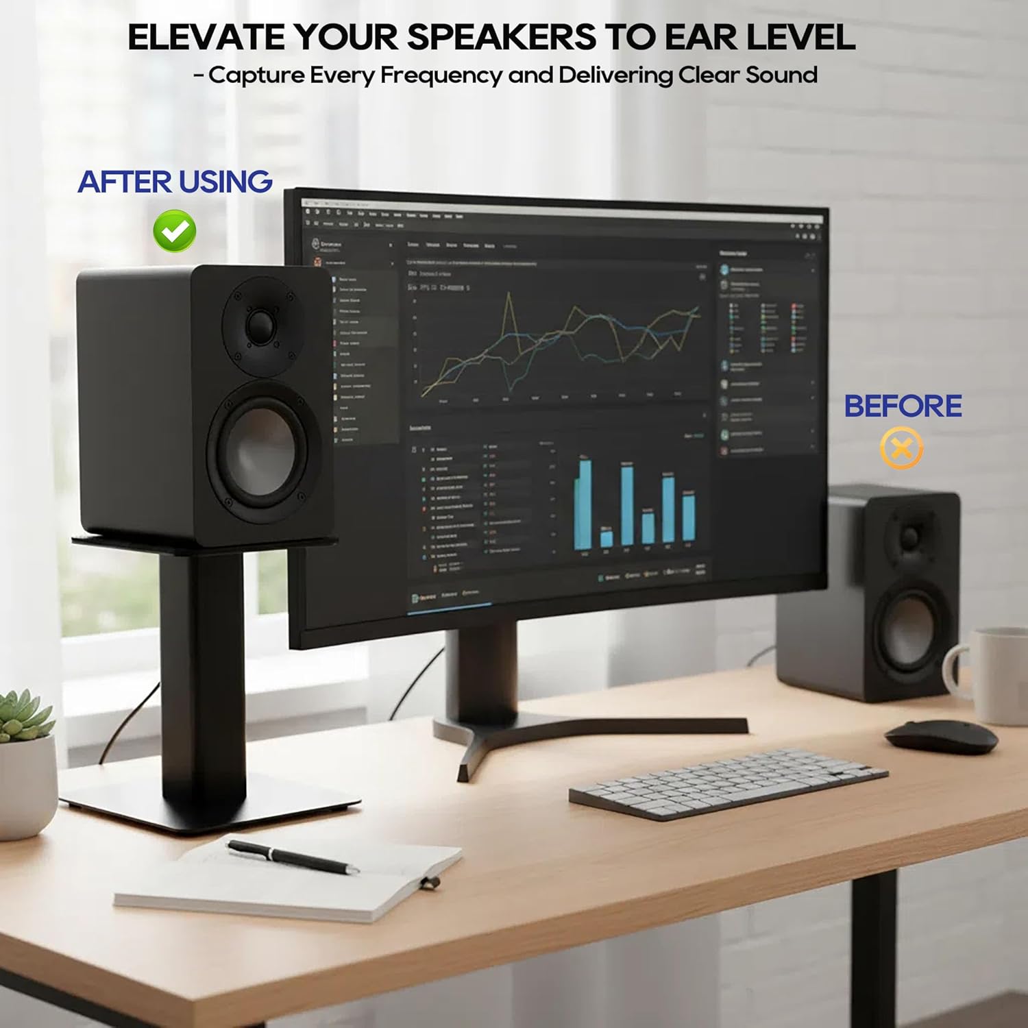 Desktop Speaker Stands (Pair)- Heavy Duty 6” x 6.7” Metal Tray, Sturdy Flat Base Compatible with Any Desk, Compact Size for 3" to 4" Monitor Speaker, Bookshelf Speaker, 8" Tall/Black