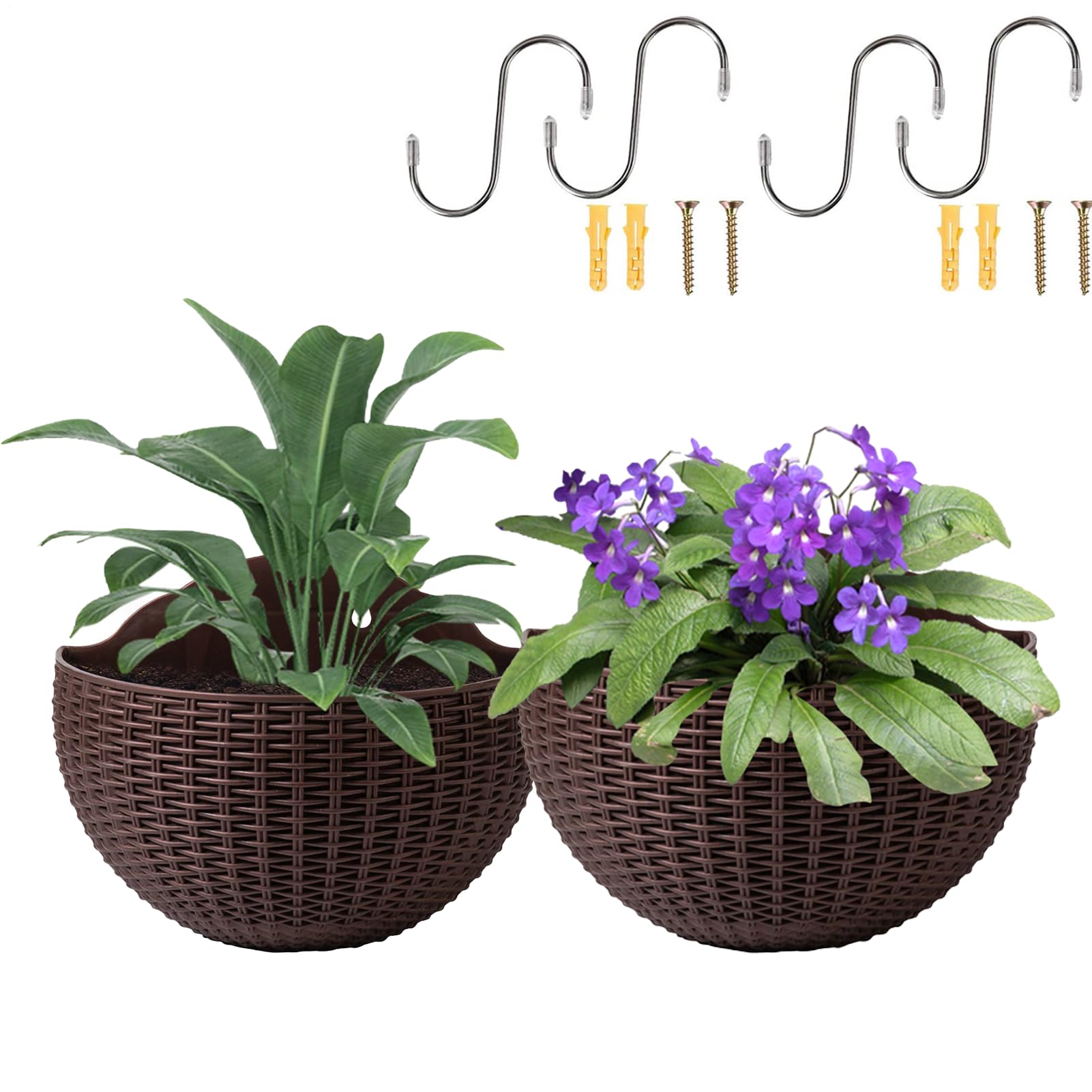 Imitation Rattan Wall Hanging Flower Pot, 2Pieces Semicircle Hanging Planters Outdoor Hangings Basket, Garden Hangings Basket with Drainage Hole and Hooks, Self Watering Garden Pots for Balcony Fence