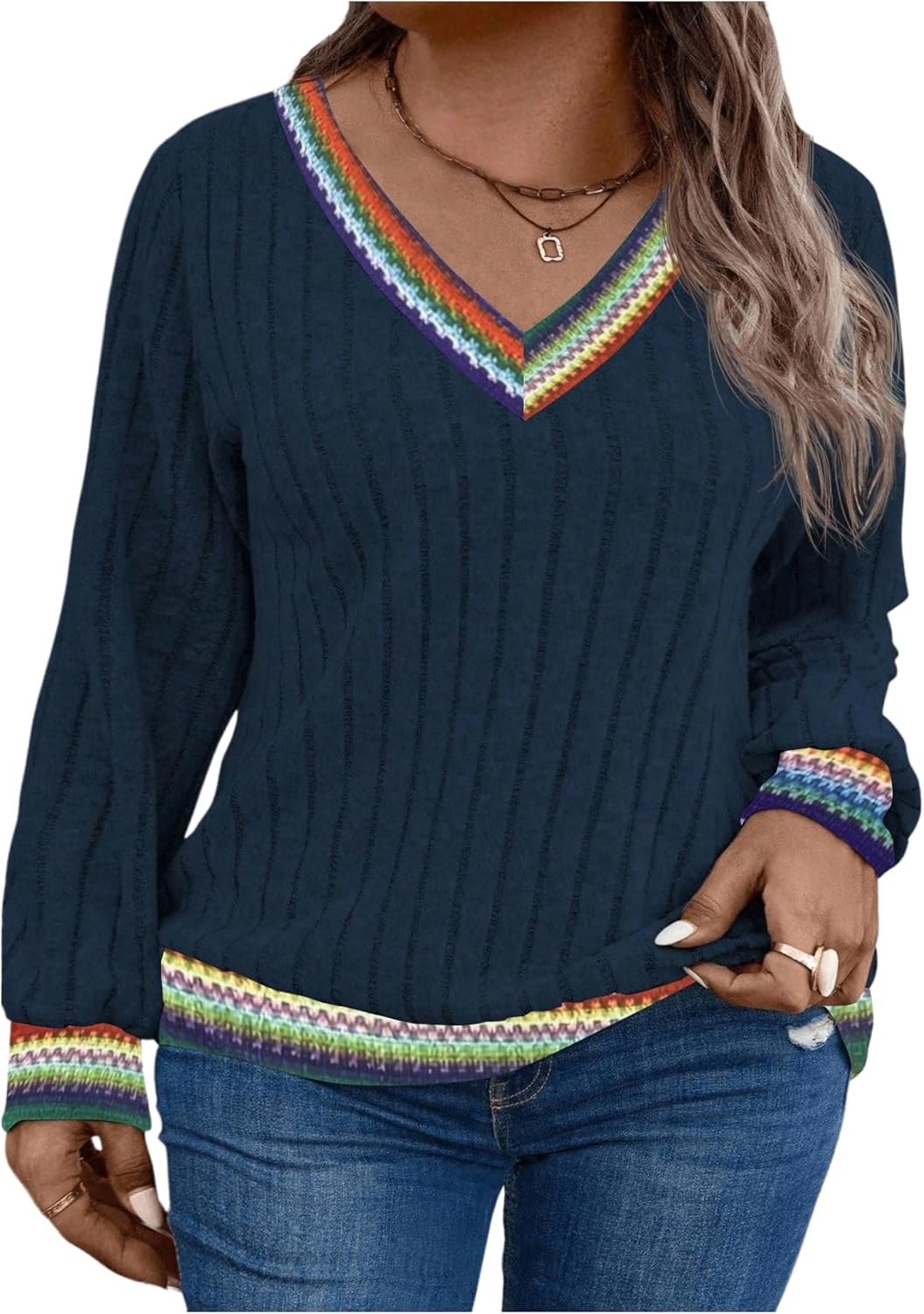 GORGLITTER Women's Plus Size Fall Sweater Colorful V Neck Long Sleeve Dressy Trendy 2025 Pullover Jumpers Tops