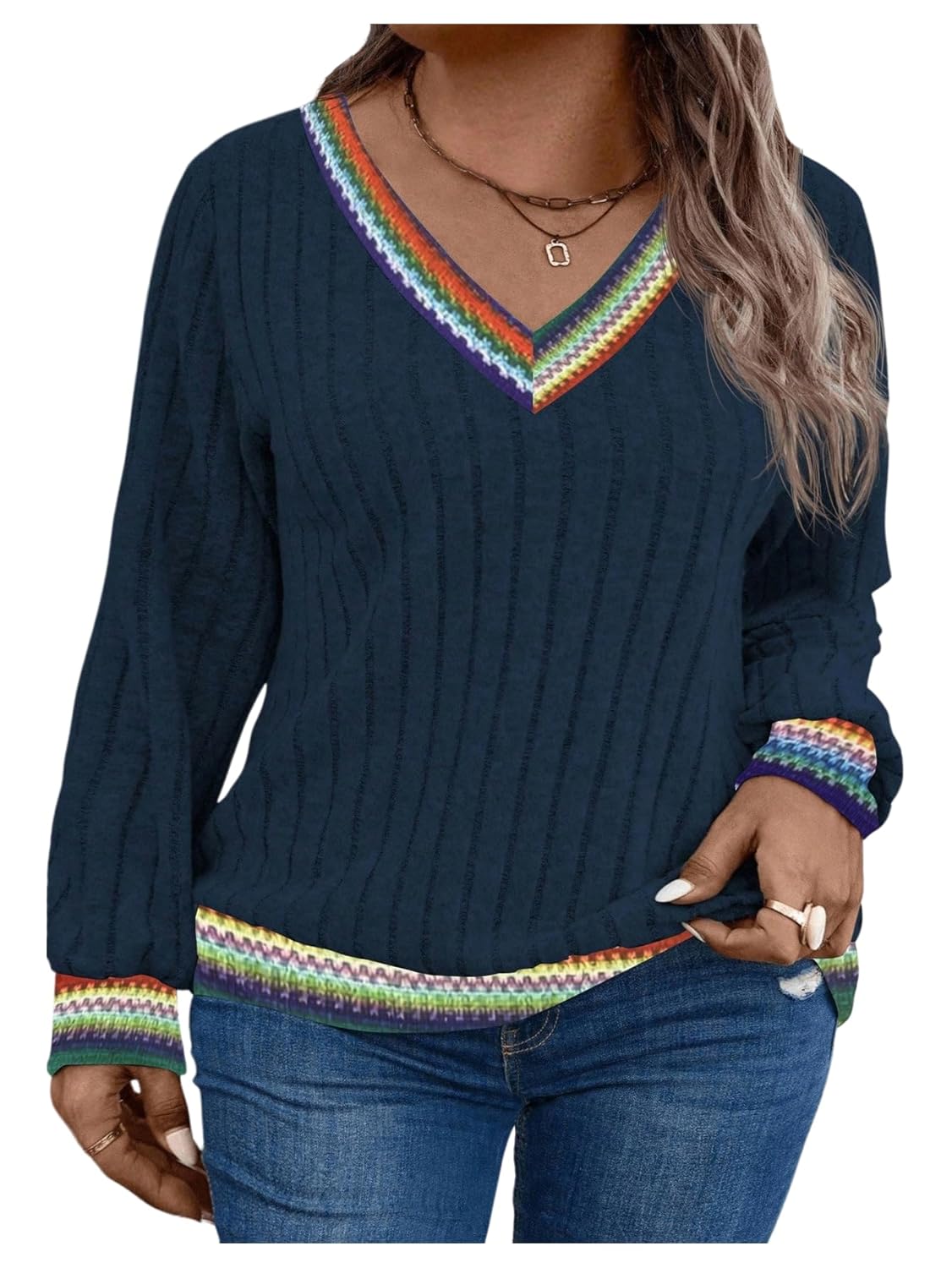 GORGLITTER Womens Plus Size Fall Sweater Colorful V Neck Long Sleeve Dressy Trendy 2025 Pullover Jumpers Tops