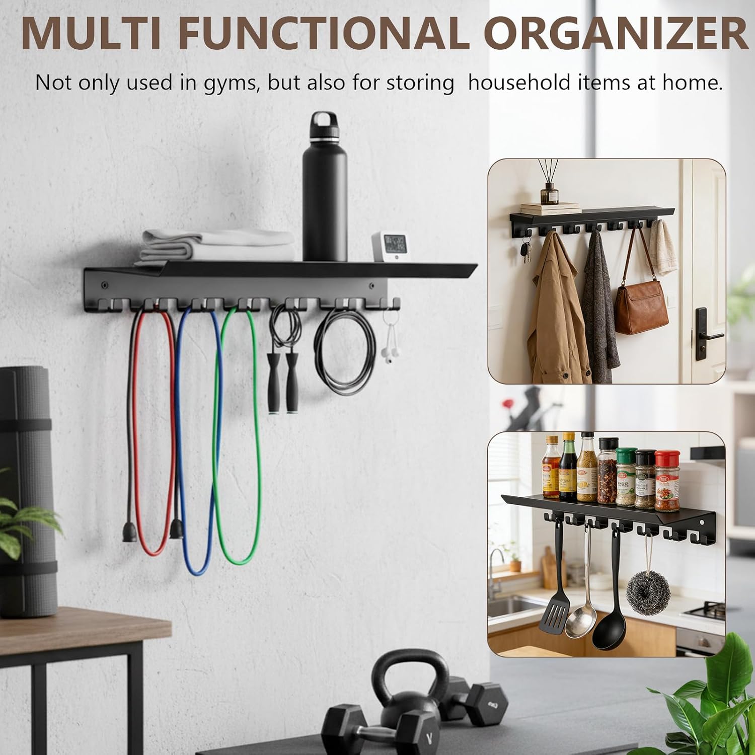 Floating Shelf Organizer, Space Saving Home Gym Storage Rack, Workout Metal Holder with Hooks, Multi Purpose Wall Shelves for Fitness Equipment, Towel, Water Bottle (Black)