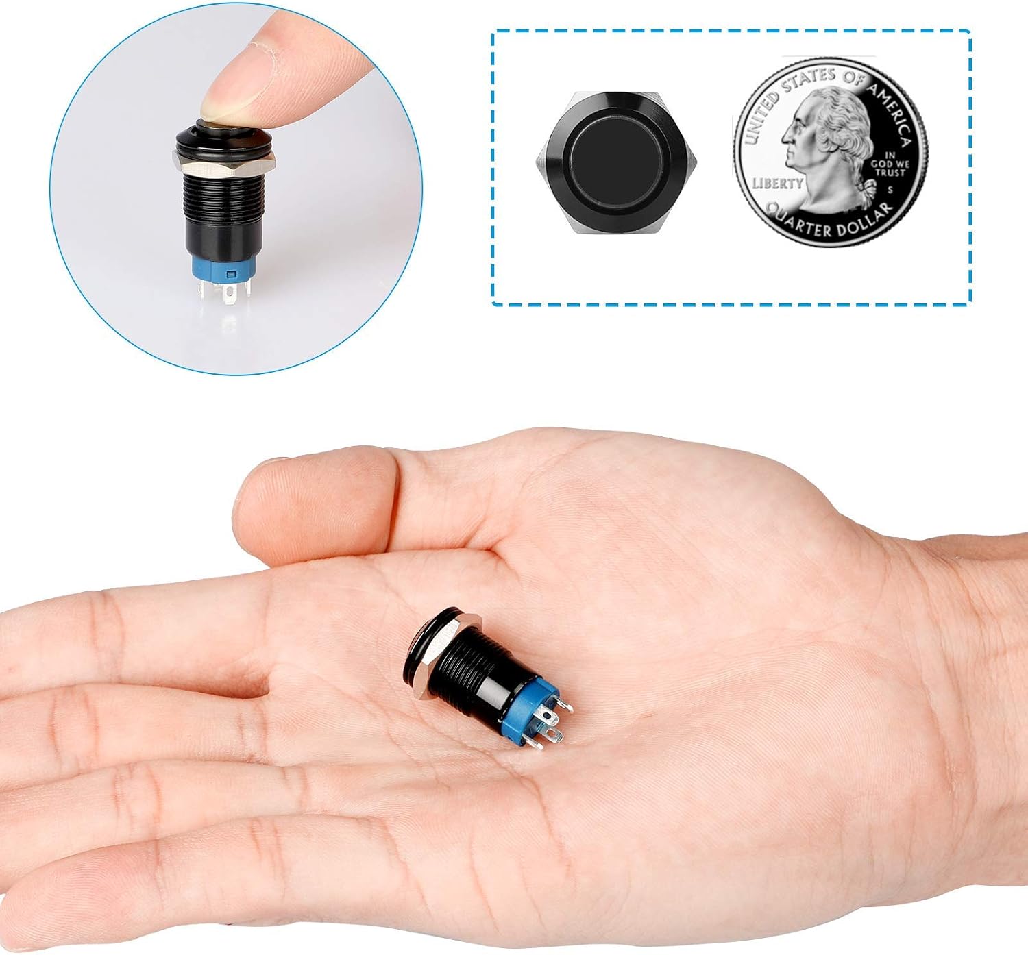 5PCS 12mm Latching Push Button Switch 5A 12V DC Pushbutton Switch 1NO1NC SPST ON/OFF Switch Black Metal Shell with Blue LED Ring Light, Waterproof Self-Locking Pushbutton Switch for 1/2" Mounting Hole