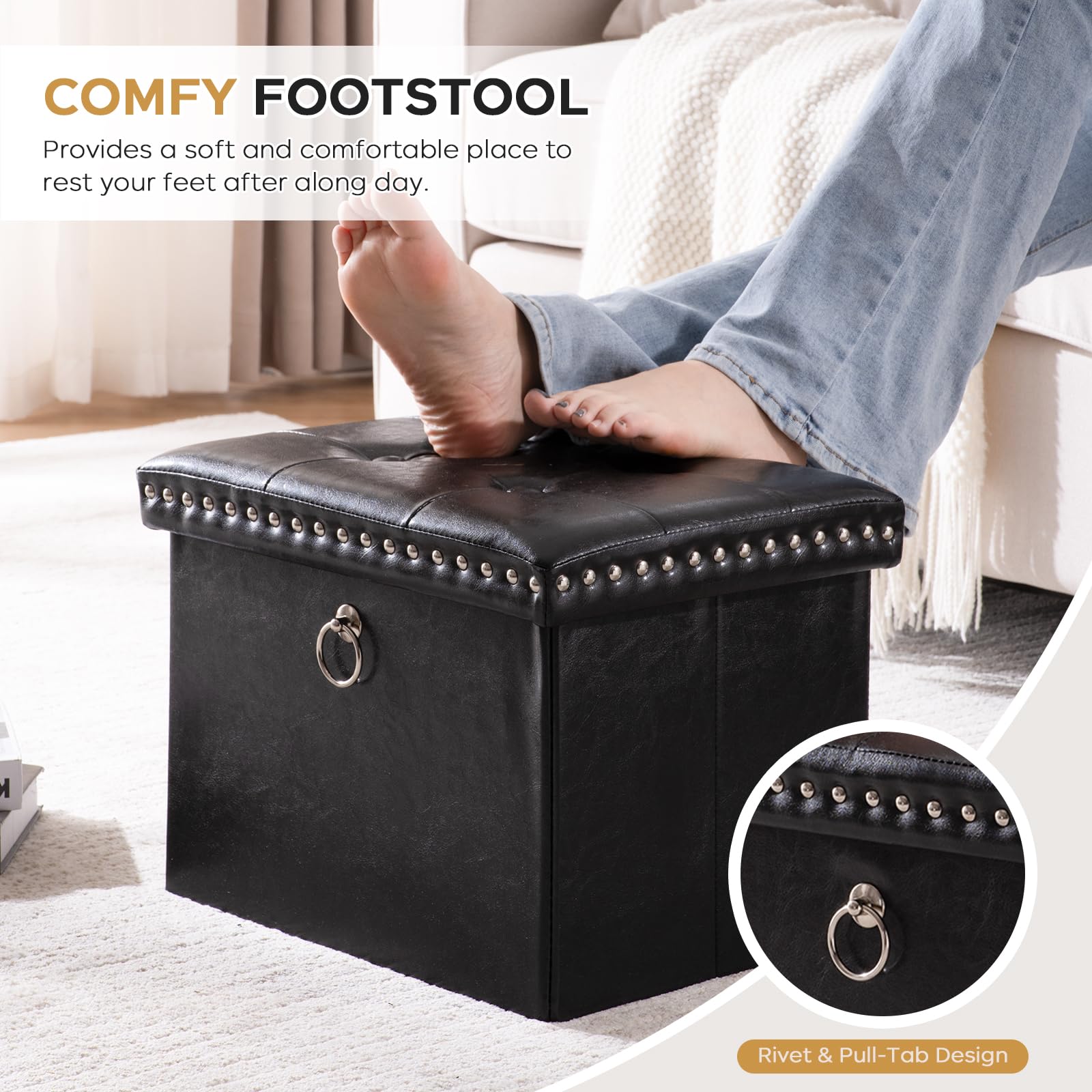 oakvivo Small 16 x 12 x12 Inches Folding Storage Ottoman, Faux Leather Foot Rest Stool with Rivet Design, Ottoman with Storage Vanity Stool Coffee Table for Living Room, Bedroom, Load 242 lbs, Green: Black 12"D x 16"W x 12"H