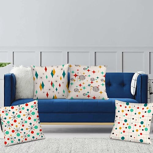Miniatura 6 de Juego de 4 fundas de almohada retro para sofá, silla, sala de estar, dormitorio, mediados de siglo, años cincuenta, juego de 4 fundas de almohada