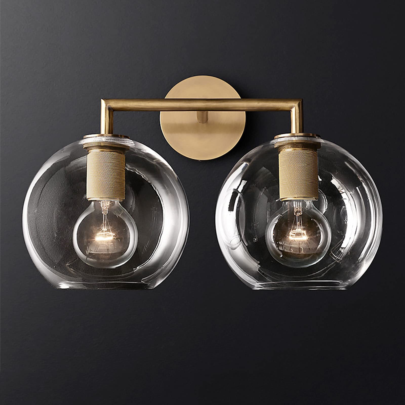 HYJAUSXB Retro Industrial Wall Sconce with Glass Globe Shade Antique E27 Lamp for Nightstand Bathroom Veranda (Brass 2 Lights)