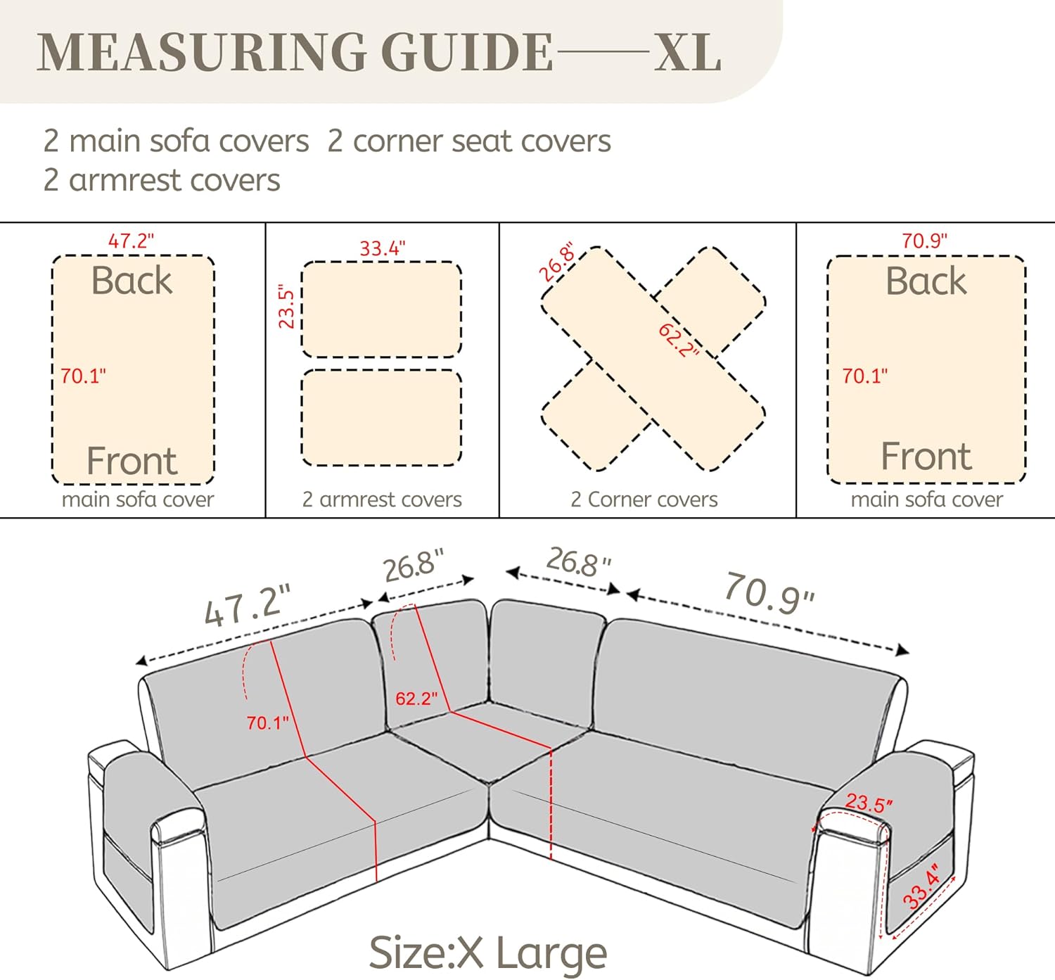 sectional couch covers for dogs 100% waterproof corner l shaped sofa cover pet friendly velvet washable anti slip l shape modular sofa slipcover protector with pockets (khaki, x-large)