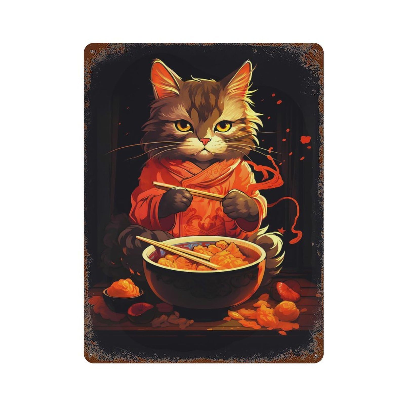 Cute Cat Eating Ramen Weathered Tin Sign 15.7"x11.8", Ideal for Shed, Workshop And Garage Wall Decor