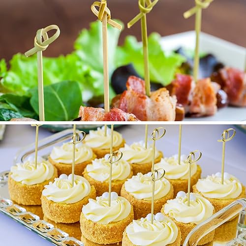 Miniatura 7 de Meanplan 1000 palillos de cóctel de bambú de 4.72 pulgadas, hechos a mano, palillos de decoración de alimentos con nudo en bucle, palillos de frutas