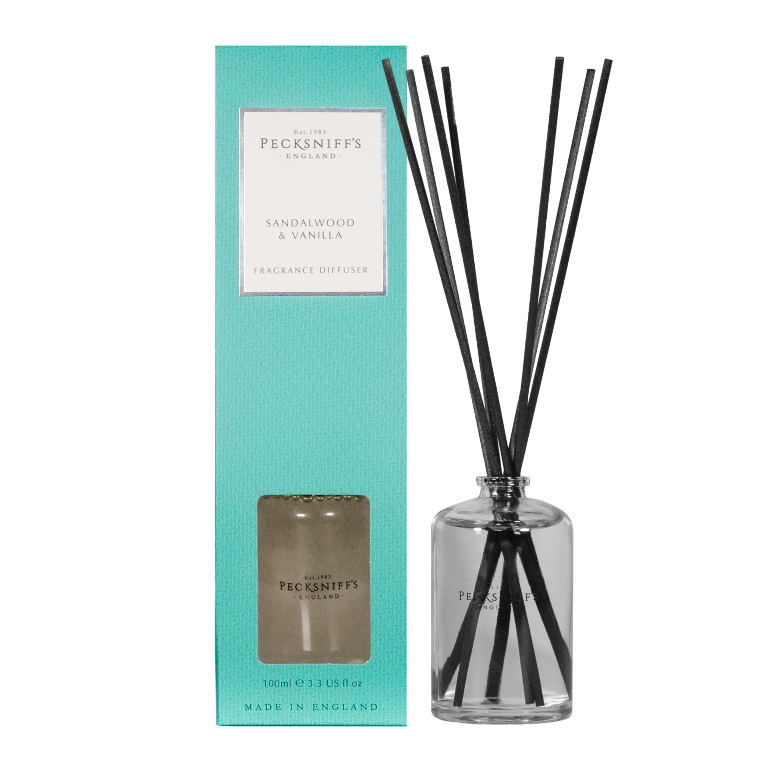 Pecksniff’s Reed Diffuser for Home, Sandalwood & Vanilla Fragrance, Luxury Room Freshener, Handcrafted in England, 100 ml/3.38 fl oz