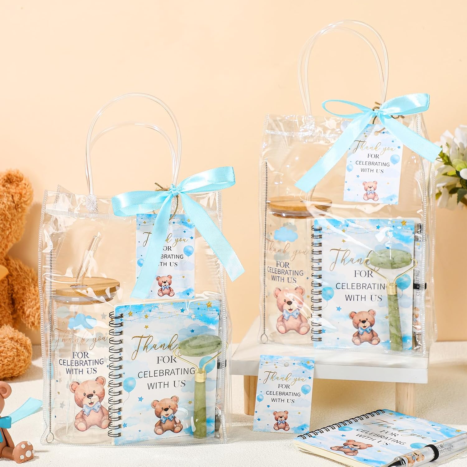 6 Set Bear Baby Shower Game Prizes for Player Winners Tumblers with Lids Straws Roller for Face Pens Spiral Notebooks Gift Bags for Baby Bridal Shower Wedding Game Favors