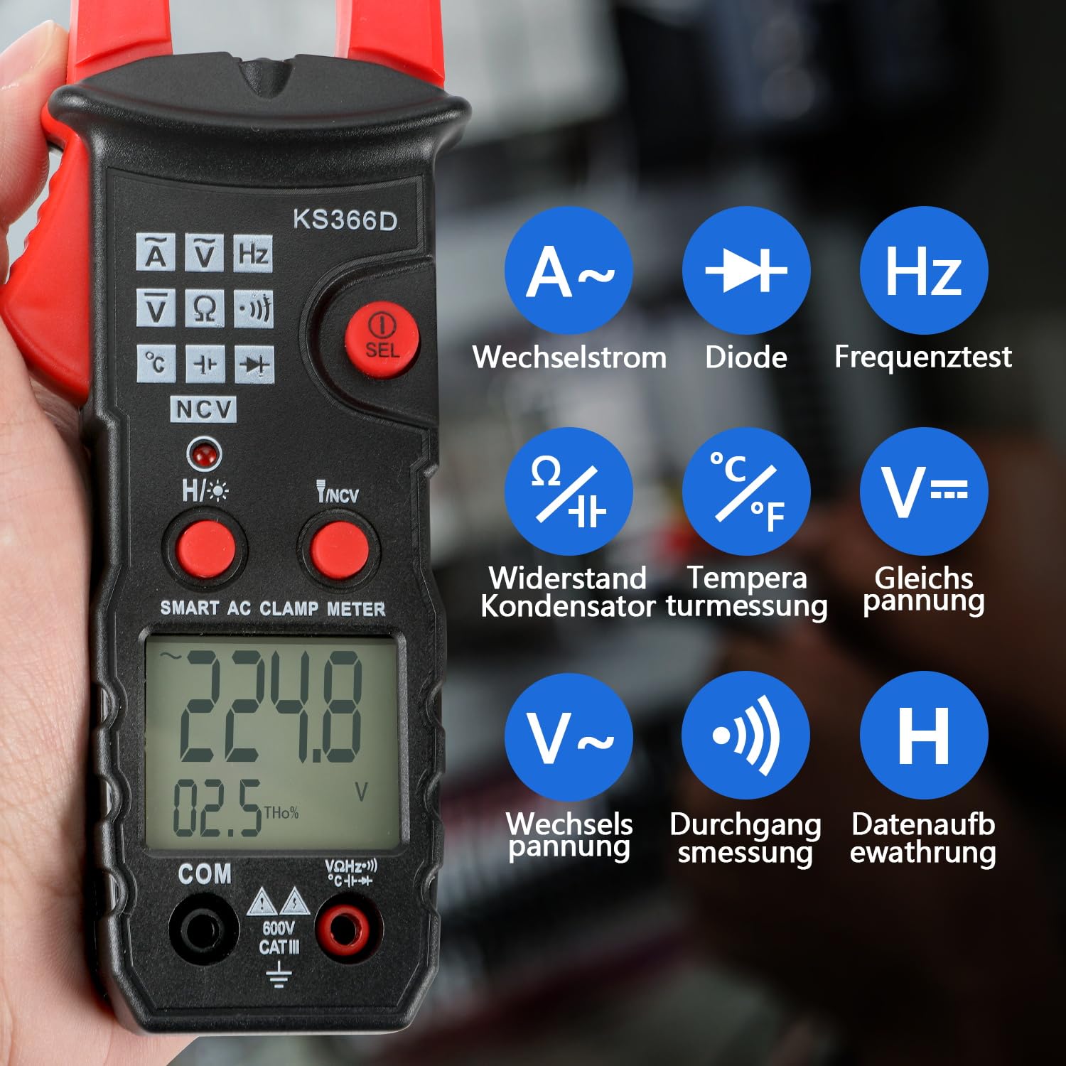 Stromzange, Strommesszange Digital Klemme AC/DC 600A, 6000 Counts TRMS Auto Range Multimeter, Amperemeter, Zangenamperemeter mit Taschenlampe Hintergrundbeleuchtung, NCV-Messung, Piepton-Erinnerung