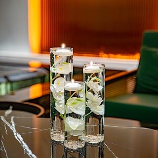 Artificial Phalaenopsis Glass Vase Fillers Three Bouquets Orchid with Floating Candles for Table Centerpiece Wedding or Pool Party Kitchen Home Bathroom Bar Restaurant Festival Decoration White Kit