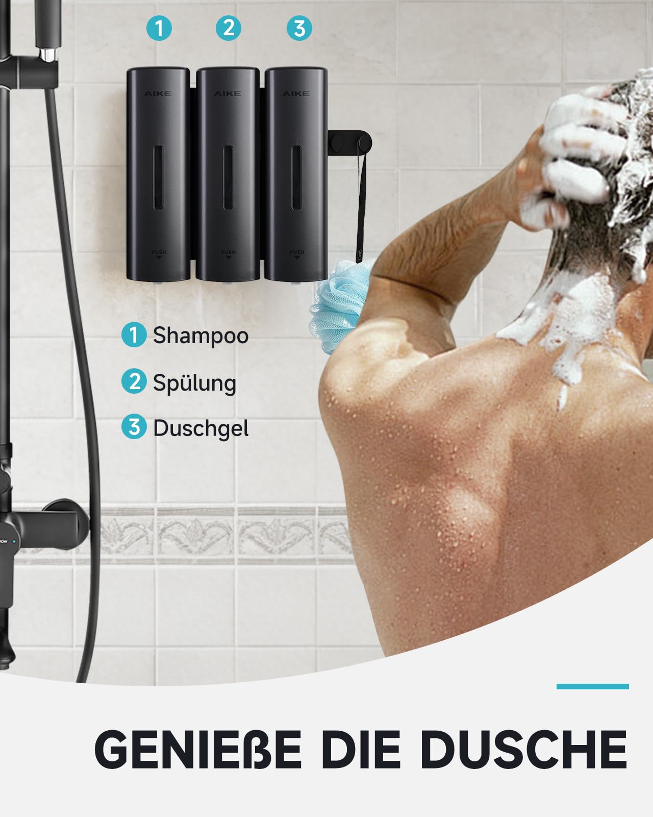 AIKE EasyPush Duschspender, Bohrfreie Wandmontage Für Shampoo & Spülung, Spart Platz, Dreifach