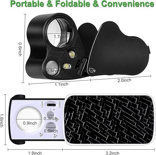 Miniatura 7 de Jewelers - Lupa iluminada de 2 piezas, 30 x 60 x 90 X, lupa plegable con luz LED brillante para joyas, monedas, gemas, sellos, relojes rocas (negro)