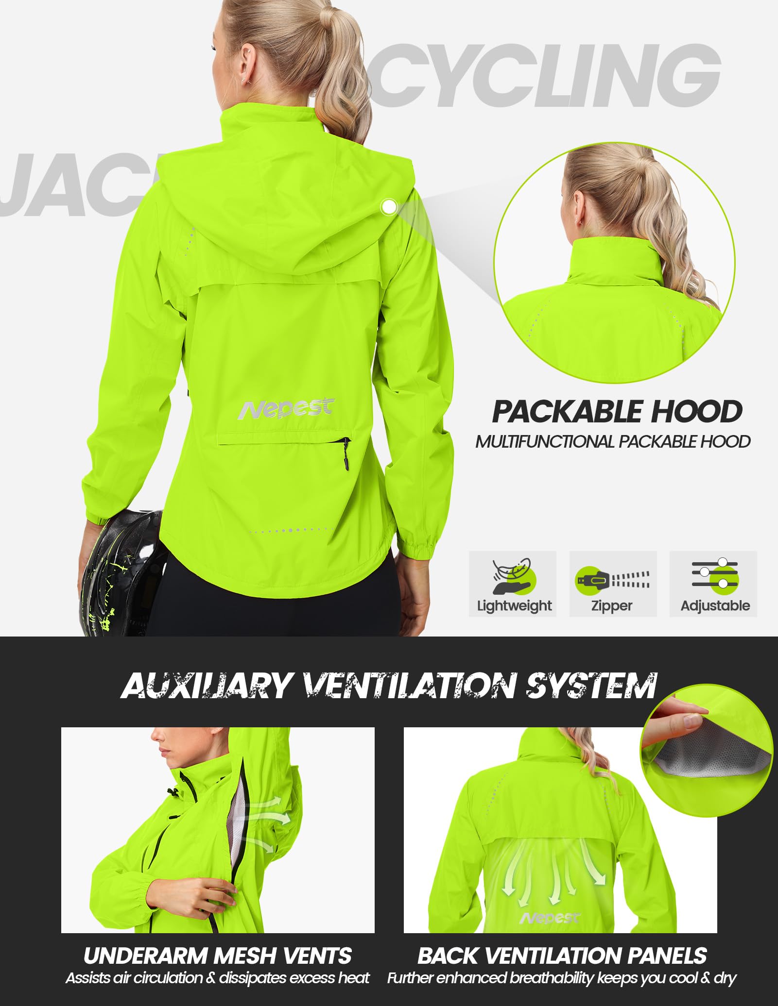 Nepest Fahrradjacke Wasserdicht Damen Regenjacke, 10k mm WassersäUle, 5.000 G/M²/24hr Atmungsaktiv Laufjacke, Leichte Faltbar Reflektierend Outdoorjacke mit 6 Taschen, für MTB Laufen Wandern