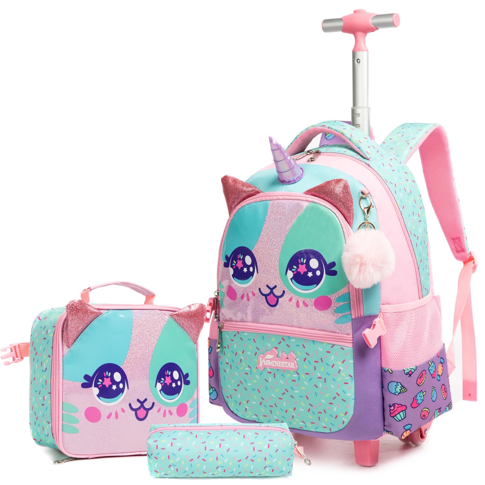Mochilas Escolares con Animales Ruedas Carro Niña 17" 3PCS Mochila Carrito para Trolley Escolar Bolso de Viaje Estuche Stitch Mujer Maleta Colegio Grande Medianas Infantil Niñas Rosa
