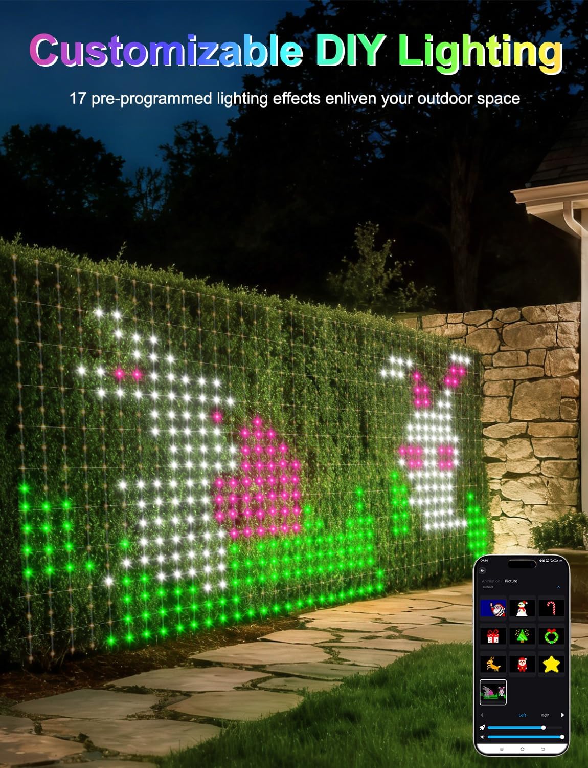 echosari 600 LED Net Lights Outdoor, 3.7 * 9.5ft Smart RGB&IC Net Lights with App/Remote Control, DIY Modes, Waterproof Mesh Light for Patio Bush Decor (Clear Wire)