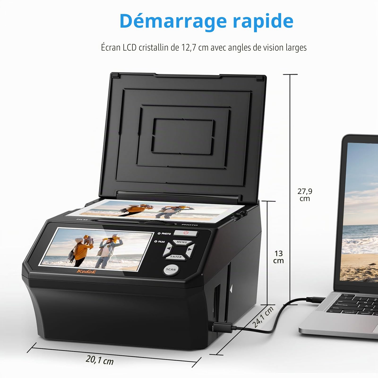 Scanner multi-photos, diapositives et négatifs, scanner photo à numériser avec grand écran LCD de 5 pouces, convertir 35 mm, 110 films/photo/carte de visite en 22 MP Digital JPEG, contient une carte