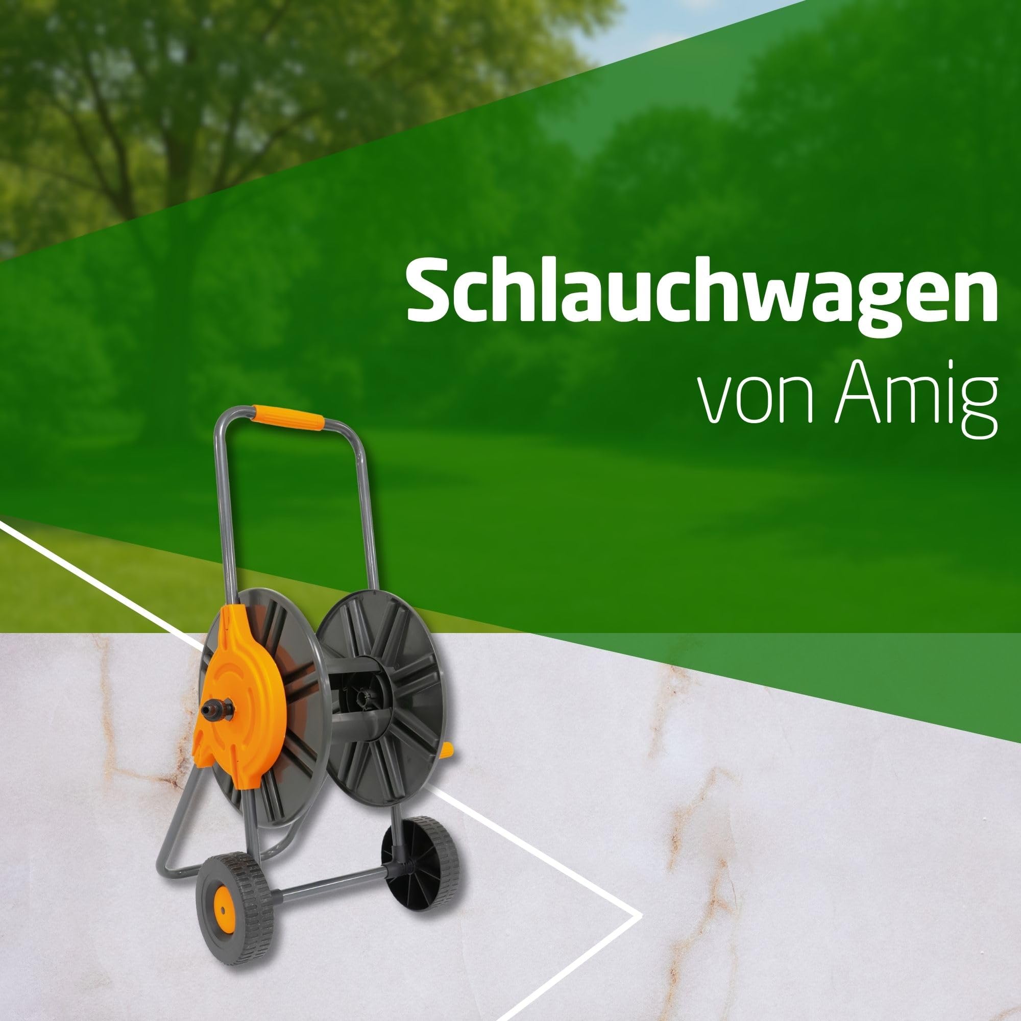 Amig - Schlauchwagen | für 1/2" Schläuche | max. 60m gerollt | mit Kurbel zum einfachen Aufrollen | Polypropylen | Orange und Grau