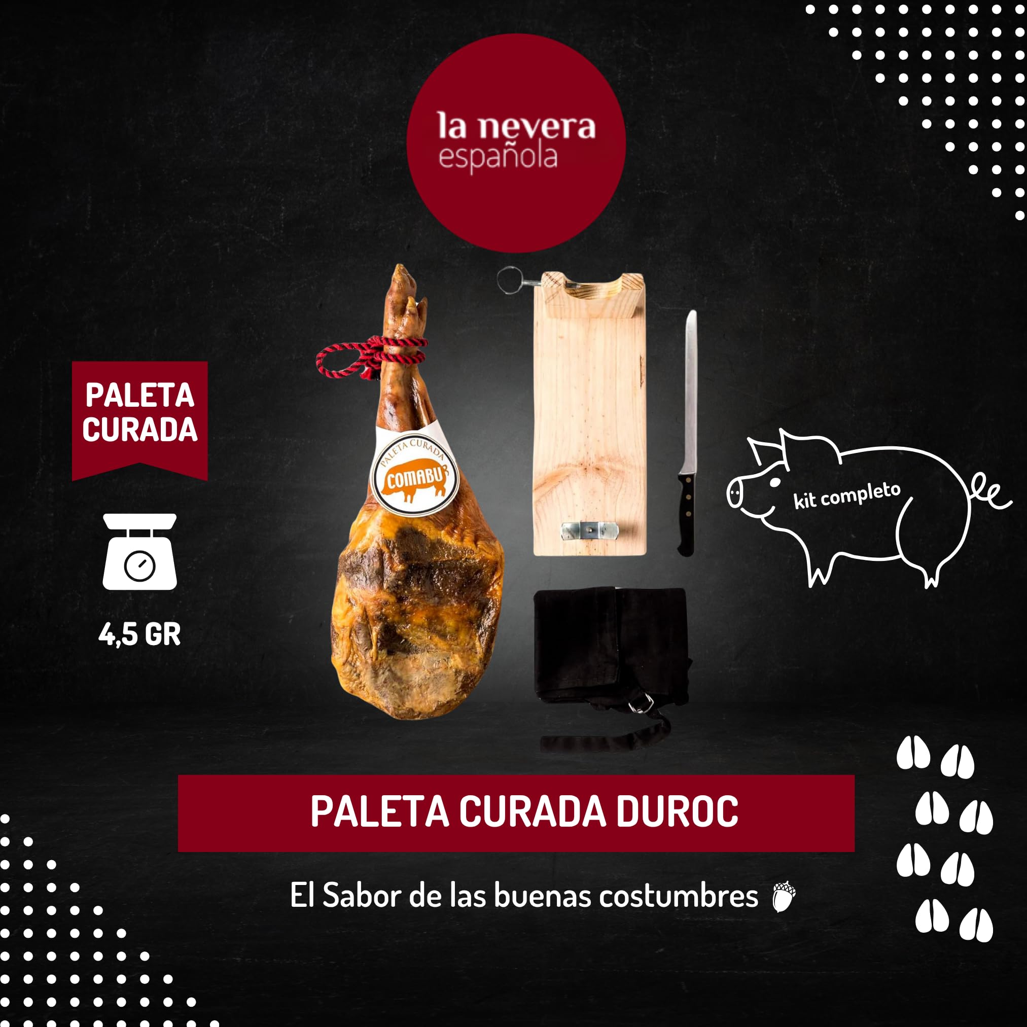 La Nevera Española | Paleta Curata, Porta Prosciutto, Coltello e Grembiule | Peso 4,5 KG | Curación Minima 10 Mesi | Prosciutto Comabu | Il Prosciutto della Nevera Española