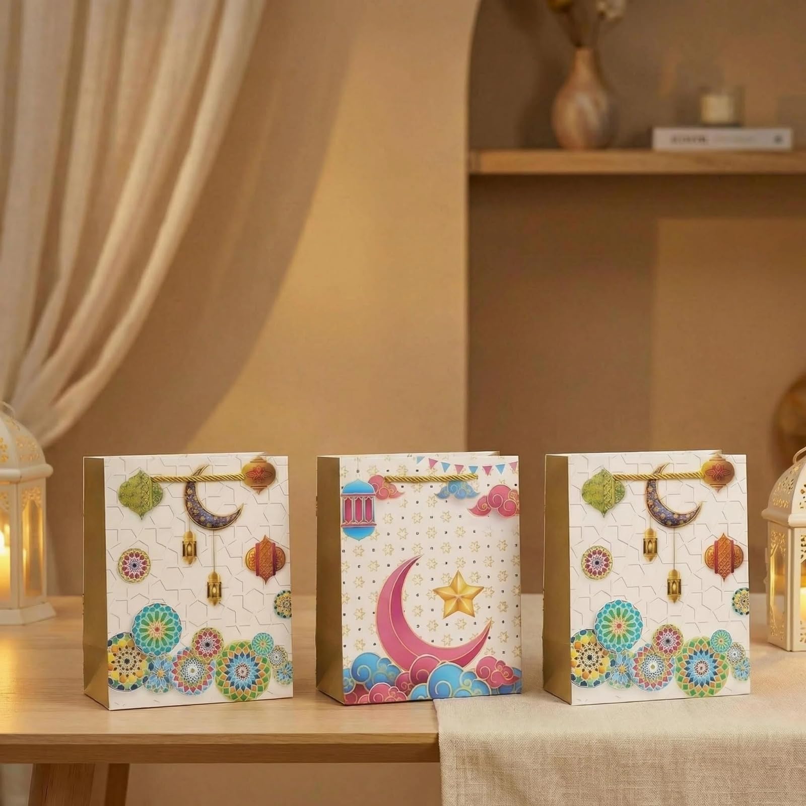 YVAINE 12pcs Ramadan Mubarak Gift Bags with Handles - Reusable Kraft Paper Treat Bags 8.3x5.9x3.1 Inches, 4 Assorted Islamic Designs with Stars, Moon, Mosque & Lanterns for Eid Mubarak Party Supplies, Gift