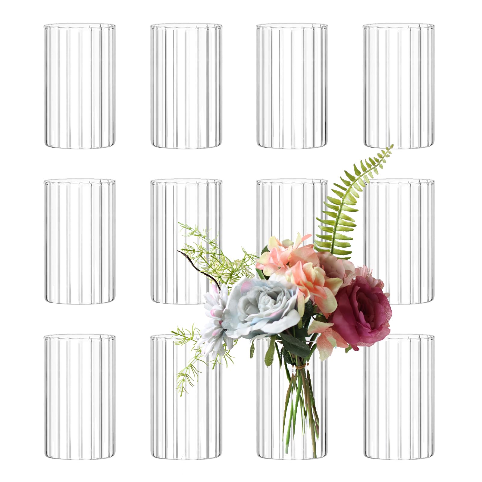 12Pcs Glass Cylinder vases for Centerpieces, 6 Inches Clear Ribbed Bud Vases for Wedding Decorations,Floral Vase Bulk Flower vases,Tall Glass Hurricane Candle Holder for Table Shelf, Party(Ribbed)Global Recycled StandardGlobal Recycled StandardGlobal Recycled Standard