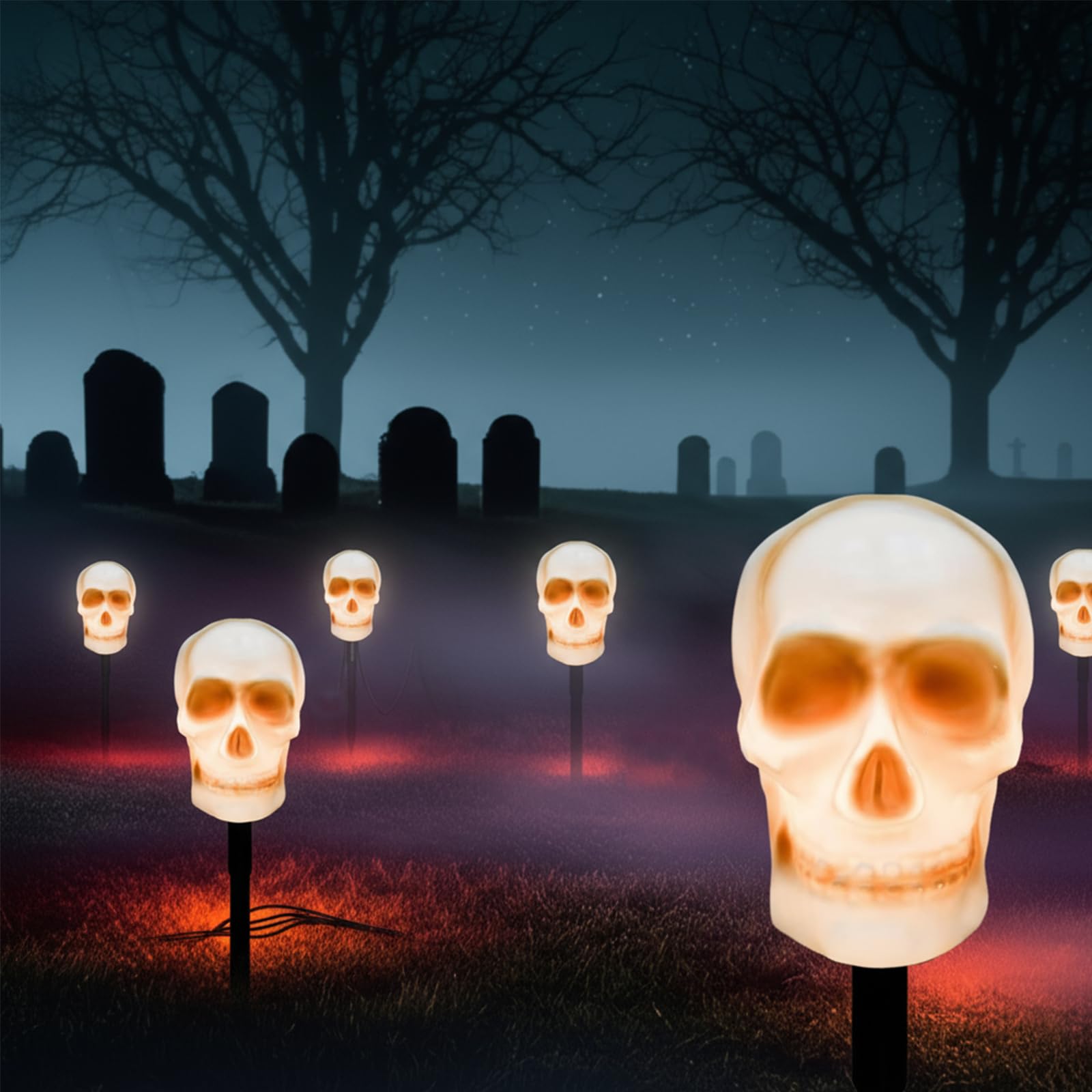 Halloween Skull Pathway Lights, 4 Pack 3D Skeleton Lights with Stakes, Outdoor Connectable C7 Skull Lights for Yard, Garden, Patio, Halloween Party Decor, Black Wire