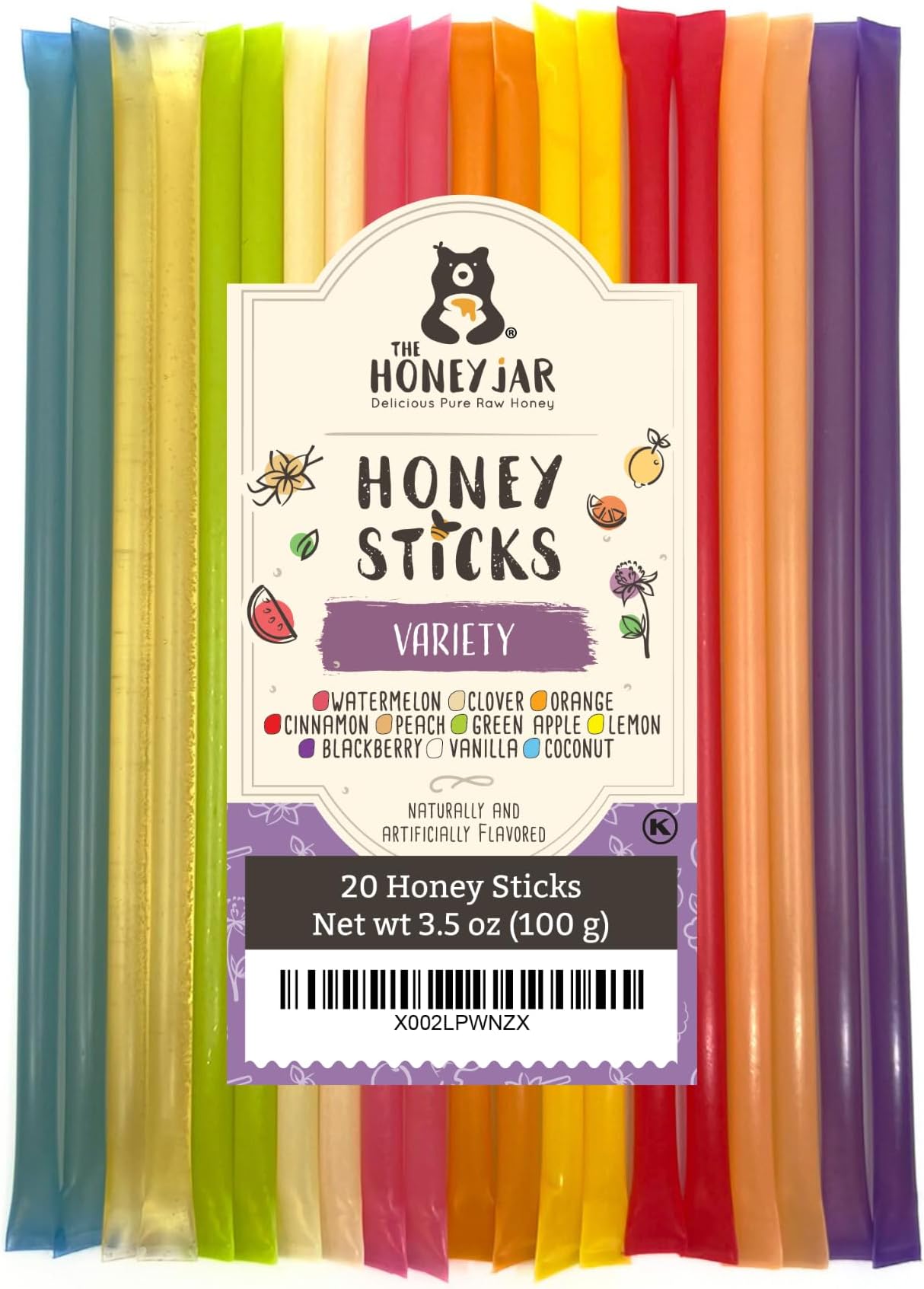 The Honey Jar Variety Pack Honey Sticks - Pure Honey Straws For Tea, Coffee, or a Healthy Treat - One Teaspoon of Flavored Honey Per Stick - Made In The USA with Real Honey - (20 Count)