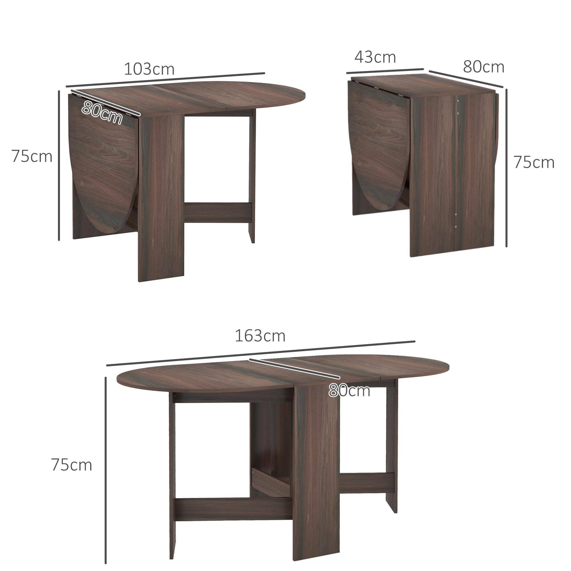 HOMCOM Mesa ahorra espacio de madera con 2 solapas ovaladas, mesa plegable para comedor y cocina, 163 x 80 x 75 cm, marrón