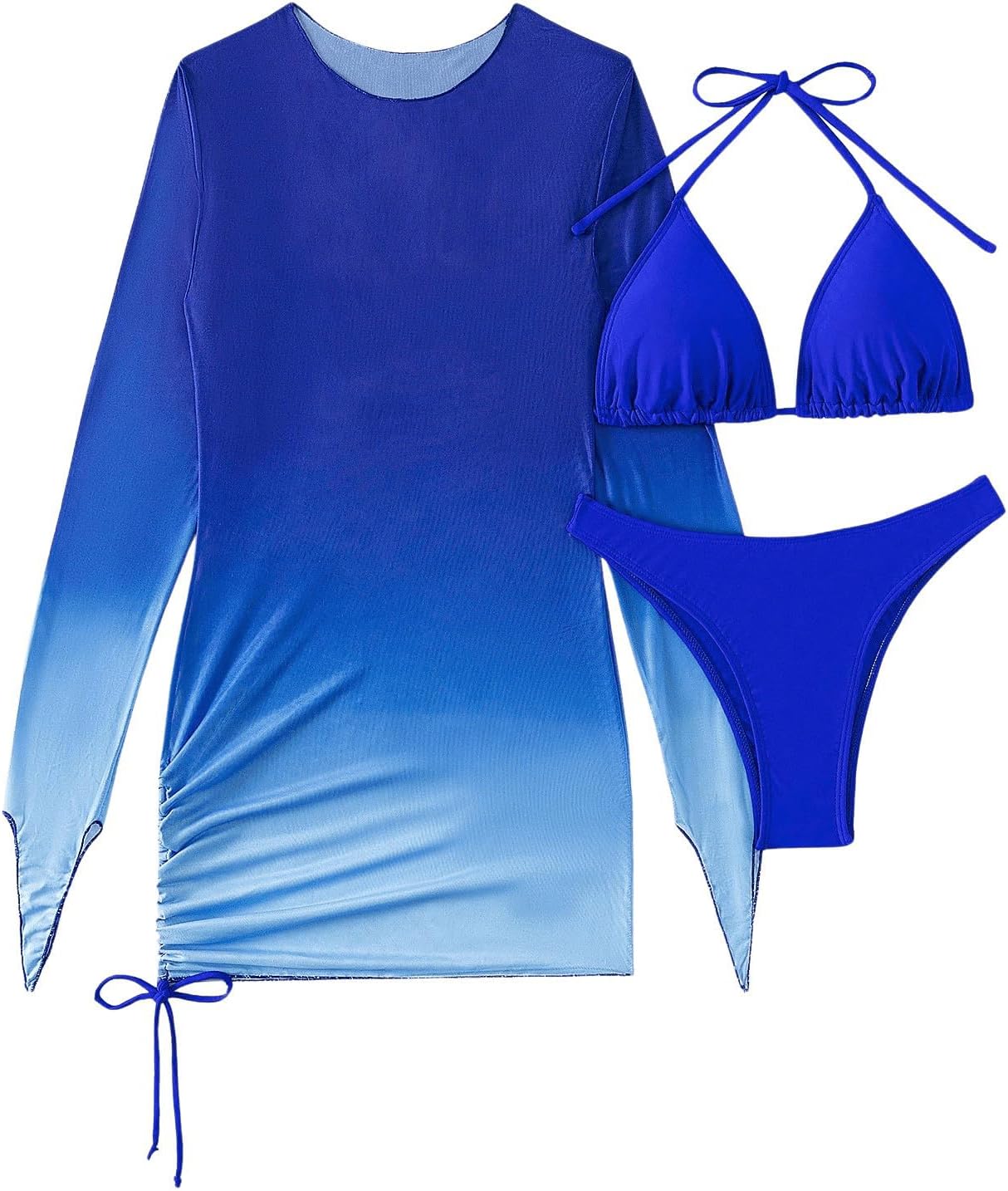 SHENHE Women's 3 Piece Swimsuit Halter Triangle Bikini Set with Ombre Long Sleeve Cover Up Dress