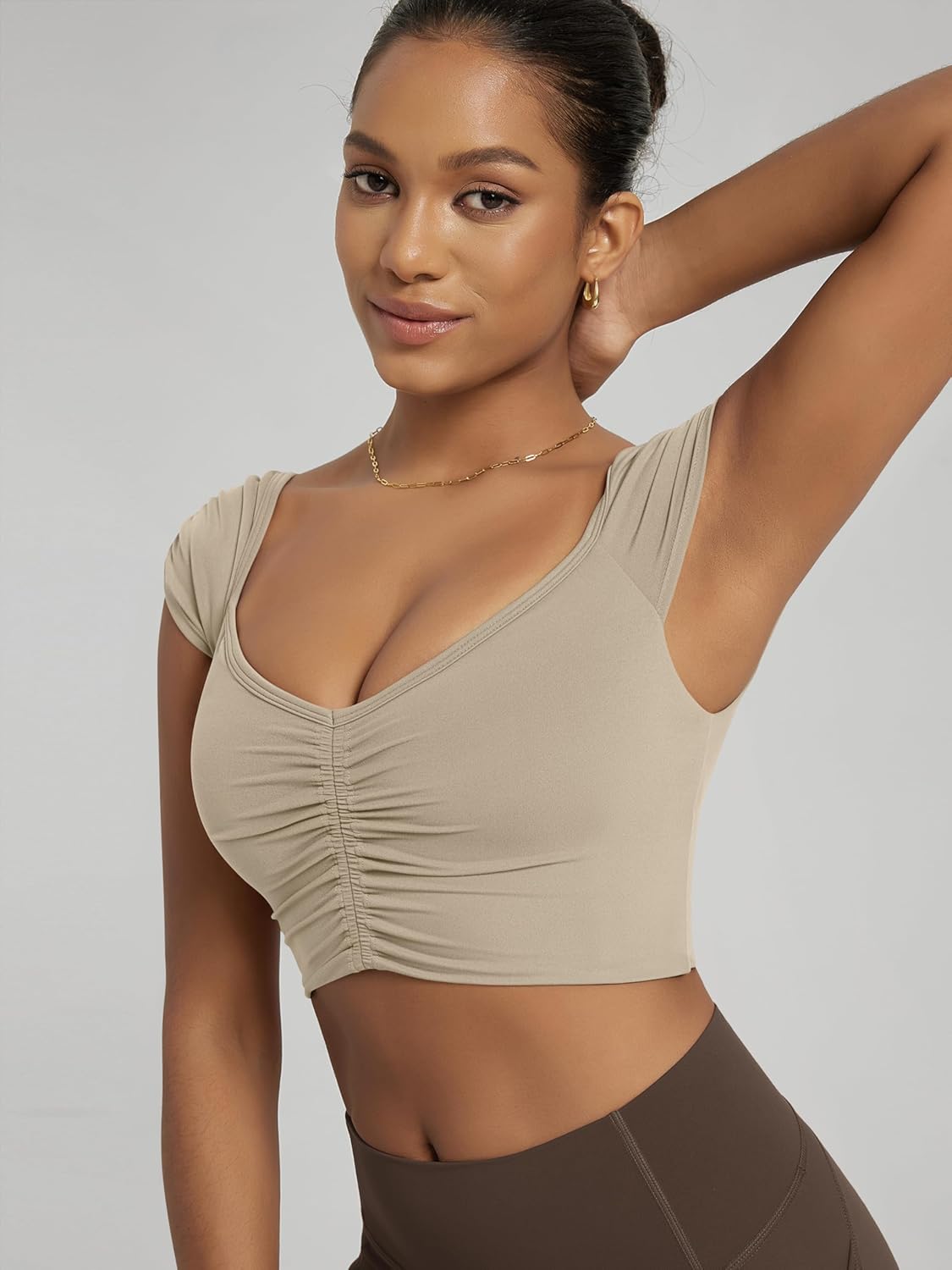 ODODOS Ruched Front Crop Tank for Women V-Neck Cut Out Back Cap Sleeve Cropped Tops - Image 2