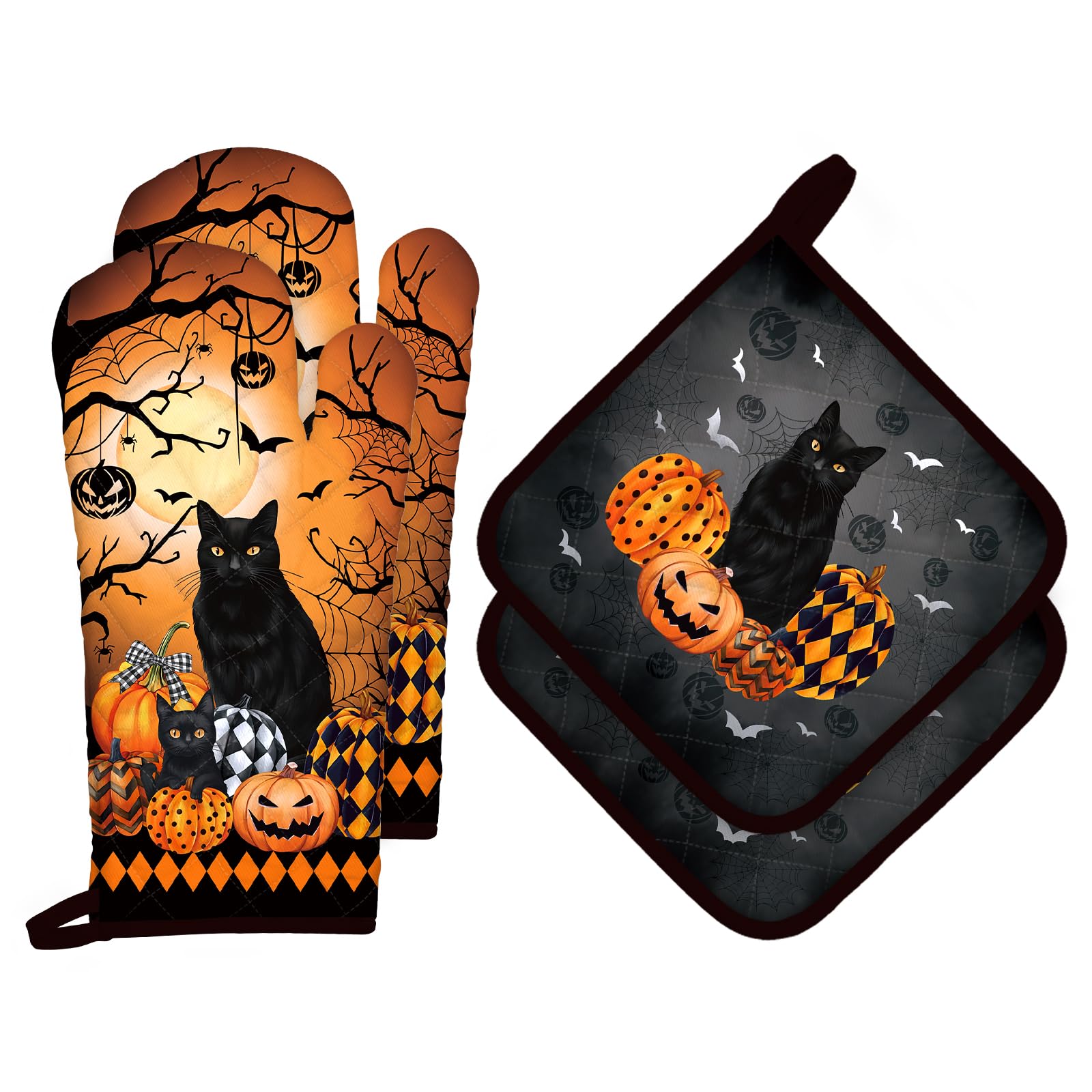 Arquiel Halloween Cat Oven Mitts and Pot Holders -100% Cotton