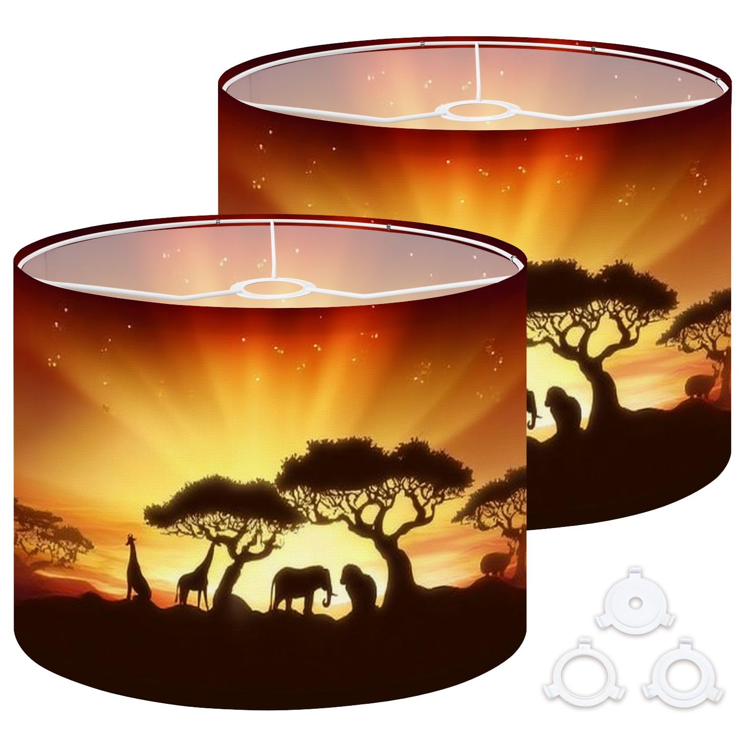 Fabric Drum Lamp Shade an African Savannah Landscape Scene Animal Silhouettes Vintage Funky Medium Linen Decorative Lampshades 13inch Set of 2 for Table Lamps, Floor Lamps,Ceiling Lamp