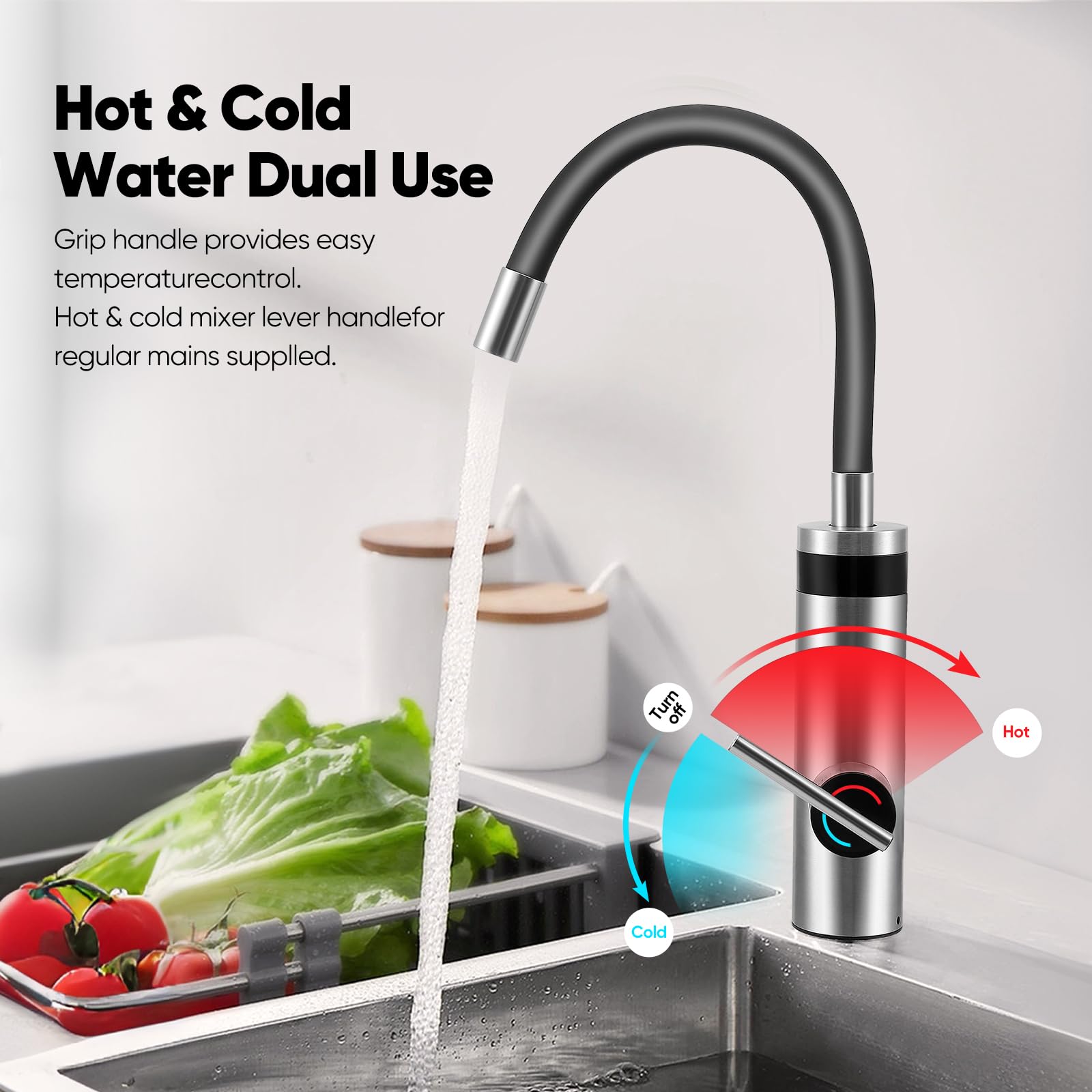Robinet électrique 3000W avec Chauffe-Eau instantané 360° pivotant Acier Inoxydable Cuisine Affichage LED température Eau Chaude immédiate mitigeur Chauffant pour Camping