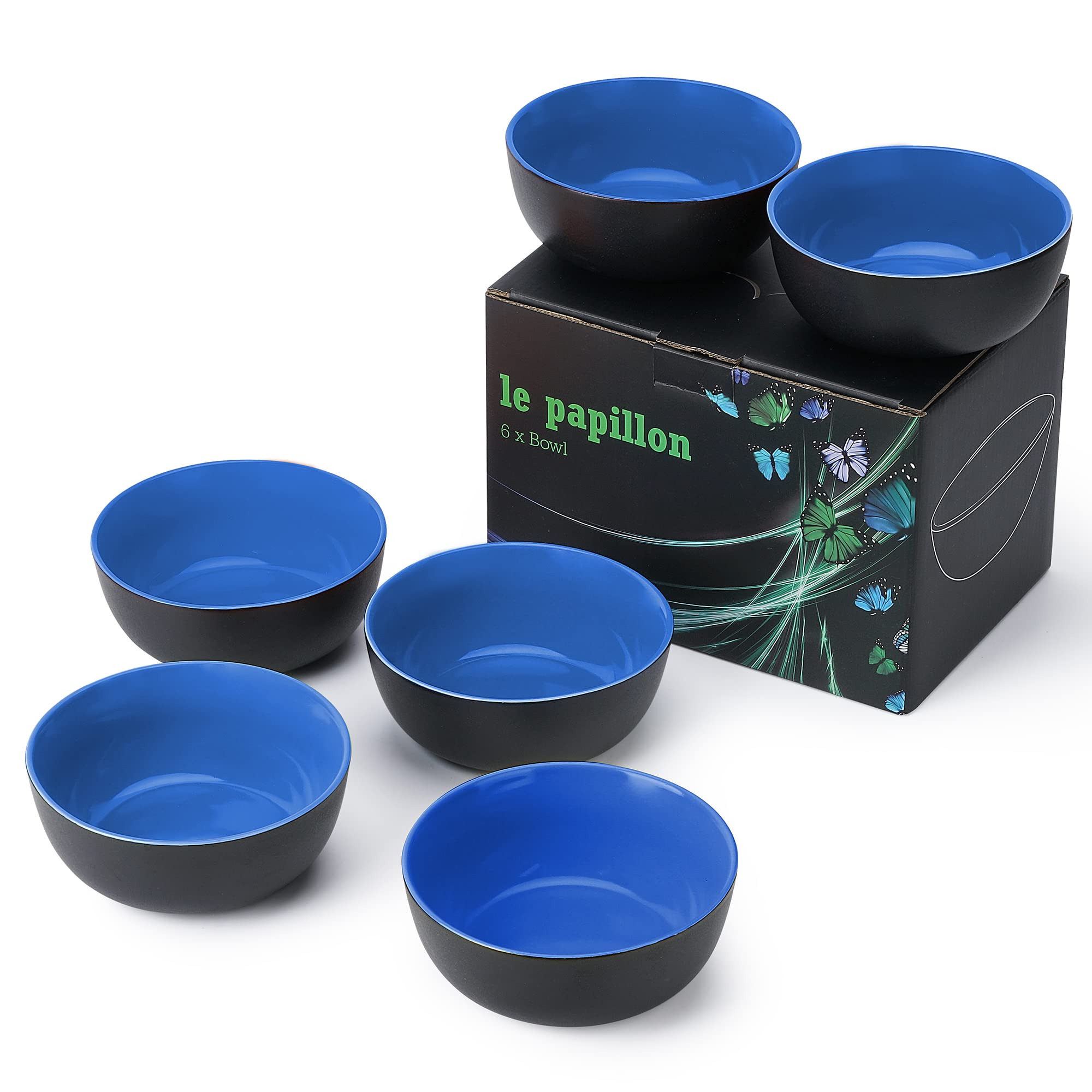 MIAMIO - 6 x 600 ml Stoneware Bowl Set Outside Black Inside Colourful - Le Papillon Collection (Blue)
