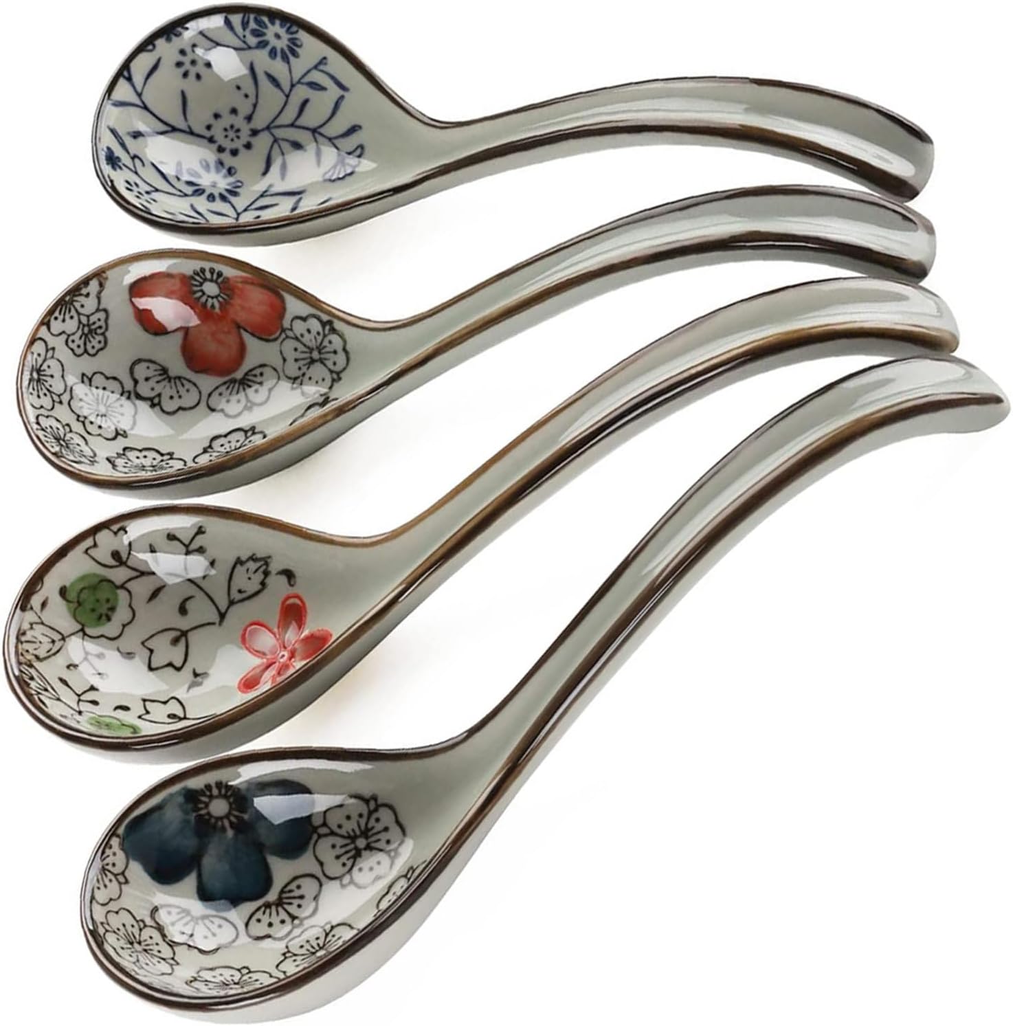 4pcs Soup Spoons, Ceramic Soup Spoon Chinese Set of 4 Japanese Ramen Spoons, Asian Soup Spoon Long Handle Perfect for Dumpling Pho Noodles Miso Dishwasher Safe