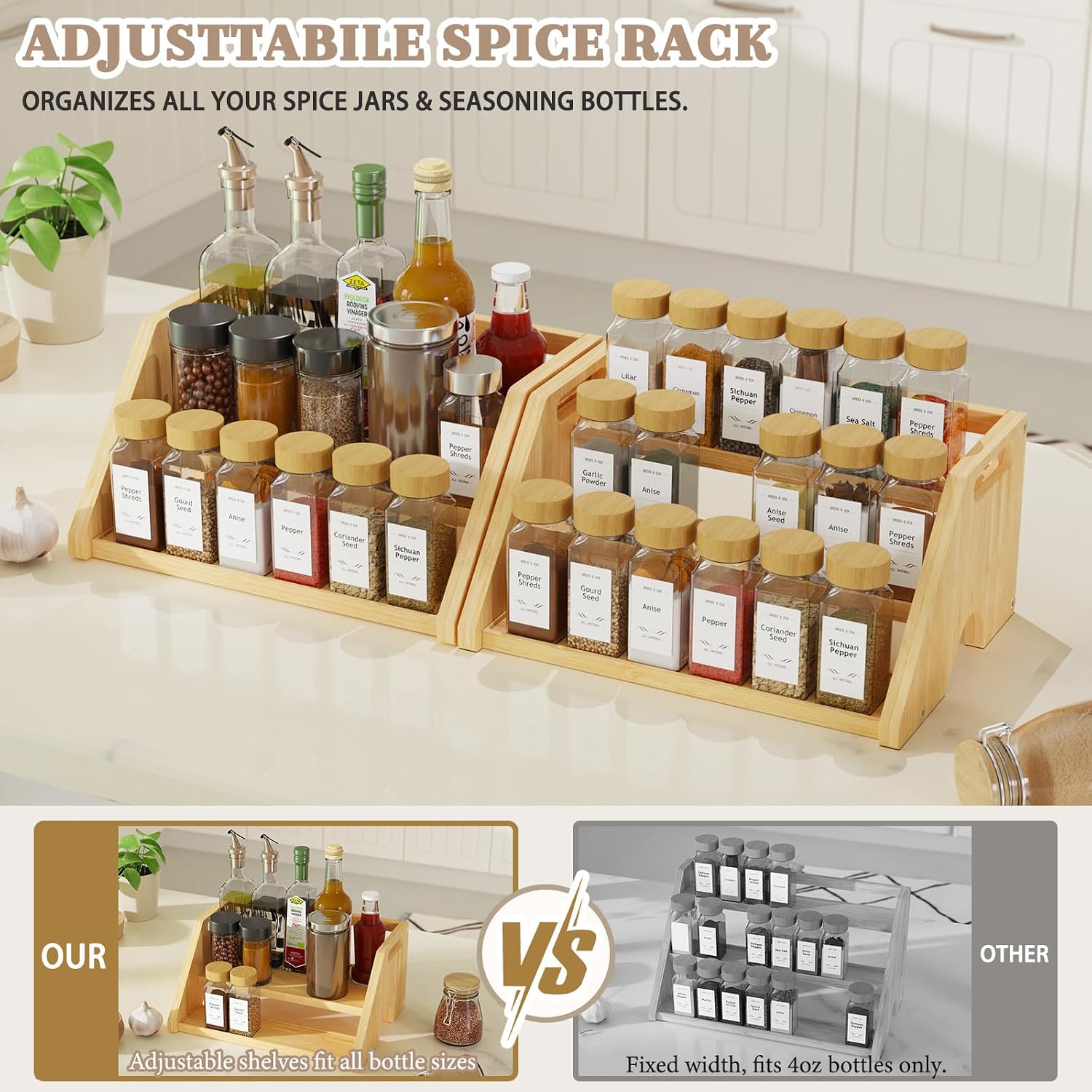 Bamboo Spice Rack Organizer -3-Tier Spice Rack for Countertop,Cabinet Spice Rack Organizer for 18 Spice Jars(4oz)，Step Shelf(Yellow) image 4