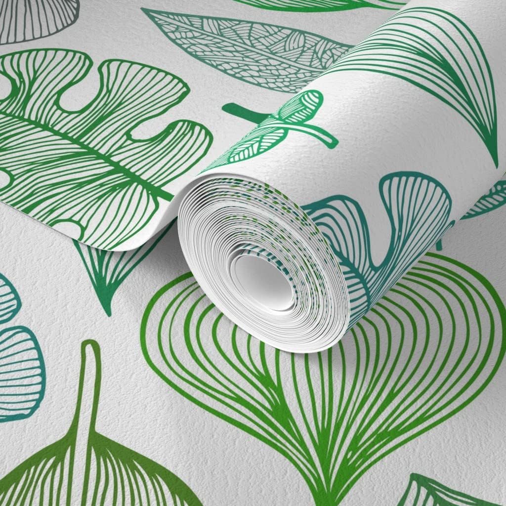 Spoonflower Commercial Grade Wallpaper 27ft x 2ft - Green Leaves Pattern Plants Nature Trees Tropical Greenery Tree Leaf Spring Summer Traditional Wallpaper