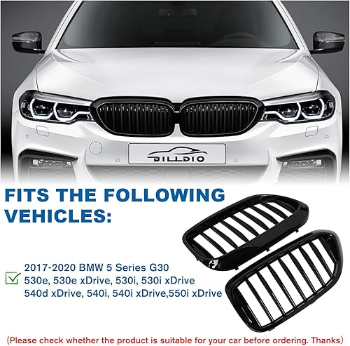 Miniatura 94 de Rejilla frontal F10 para riñón con doble listón, color negro brillante, compatible con BMW Serie 5 2010-2017, F10, F11, F18, Sedan 520i, 528i, 535d