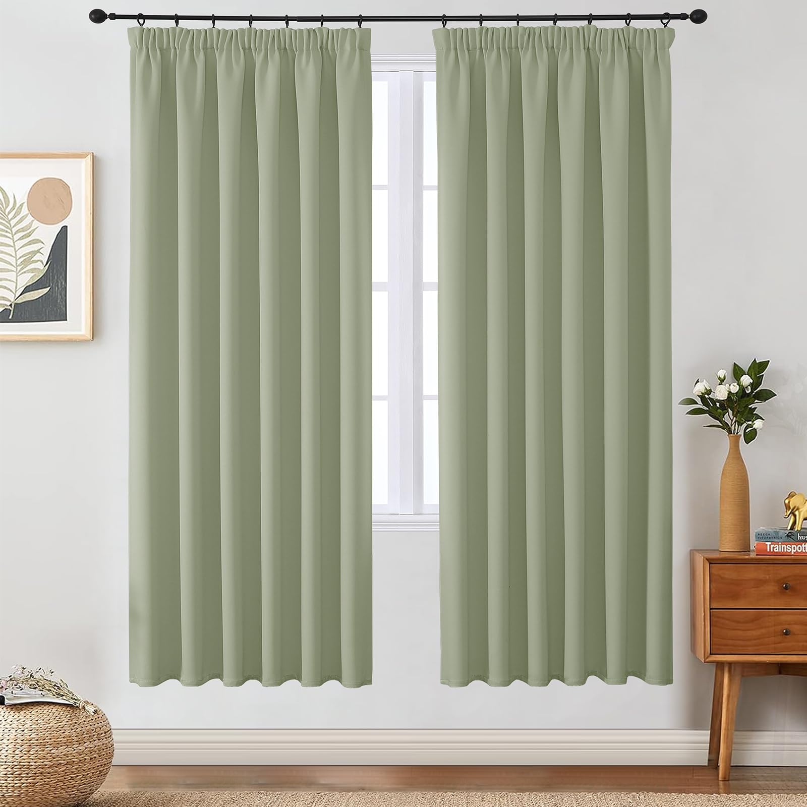 VEHEDE Sage Green Blackout Curtains for Living Room – Pencil Pleat Thermal Curtains, Noise Reducing & Privacy, W46 x L72 Inch, 2 Panels