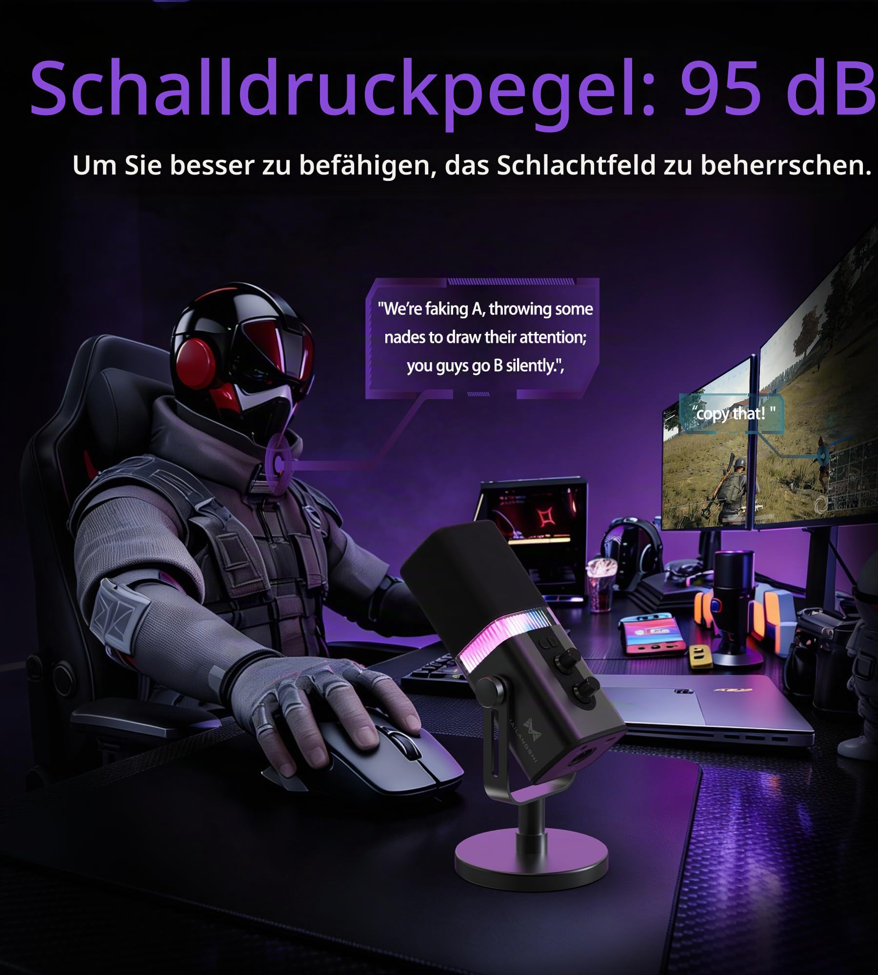 MAILANGSHI 192KHz/32bit Dynamic Podcast Mikrofon für PC, USB & XLR Mikrofon mit RGB, Stand, Stummschaltung, Vollmetall, Gain/Volume, Gaming Mikrofon für Livestreaming