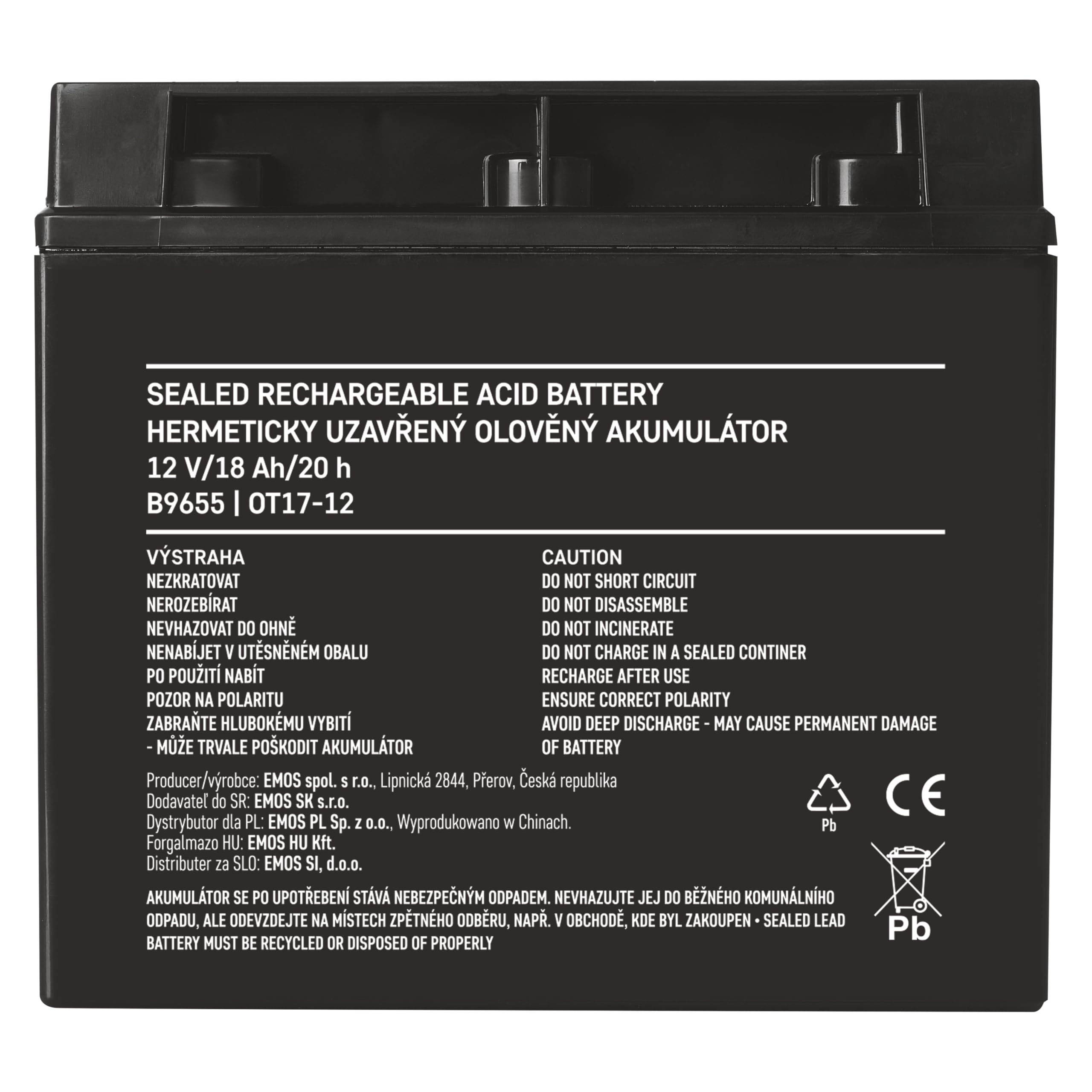 Batterie AGM 12V 15Ah EMOS - Sans Entretien, Connecteurs Faston 6,3 Mm, Pour Chariots élévateurs, Lits Médicaux, Moteurs