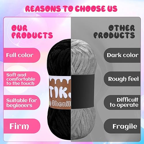 Miniatura 5 de Tikjiua Hilo de felpilla negro de 7 onzas para ganchillo, hilo grueso de felpilla con marcadores de costura, hilo de felpilla grueso para bufanda,