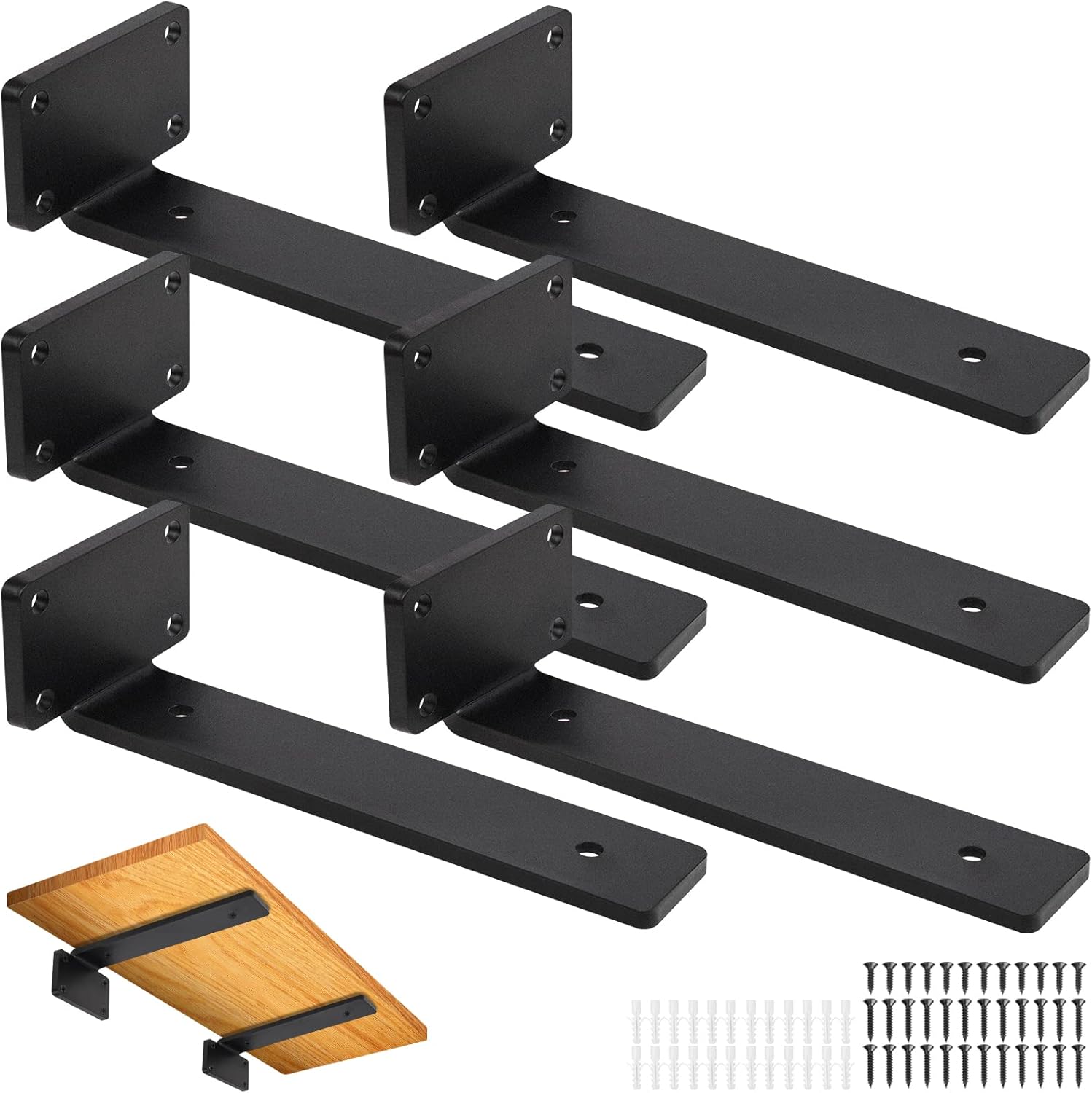 6 PCS Floating Shelf Brackets, ULENDIS 8 Inch Black Rustic Heavy Duty Industrial