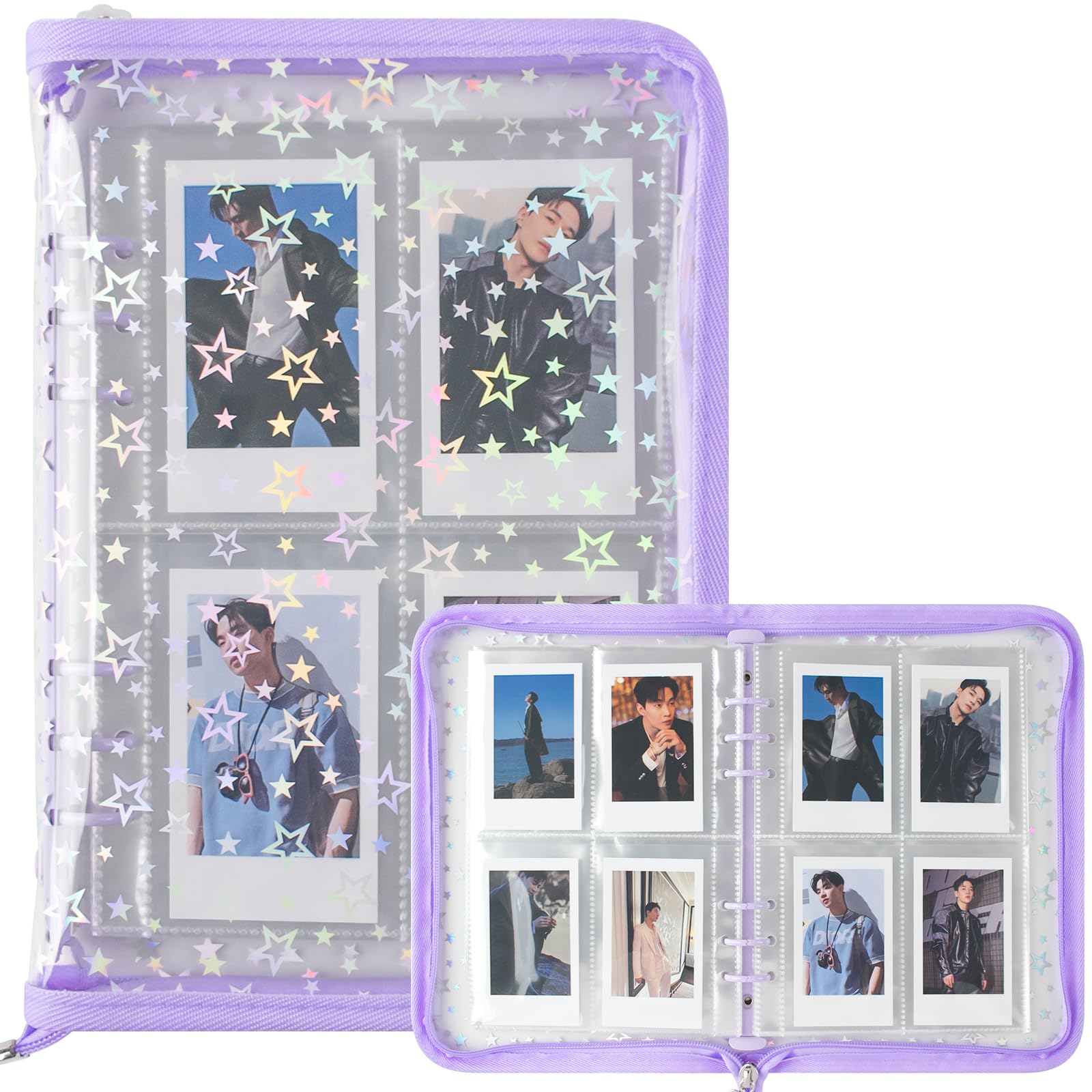 Kpop Photocard Binder, A5 Binder Album with 200 Card Slots, Photocard Holder Book, Card Collection Binder 25 Inner Pages 6 Ring with Zipper for Organizing Trading Card (Purple)