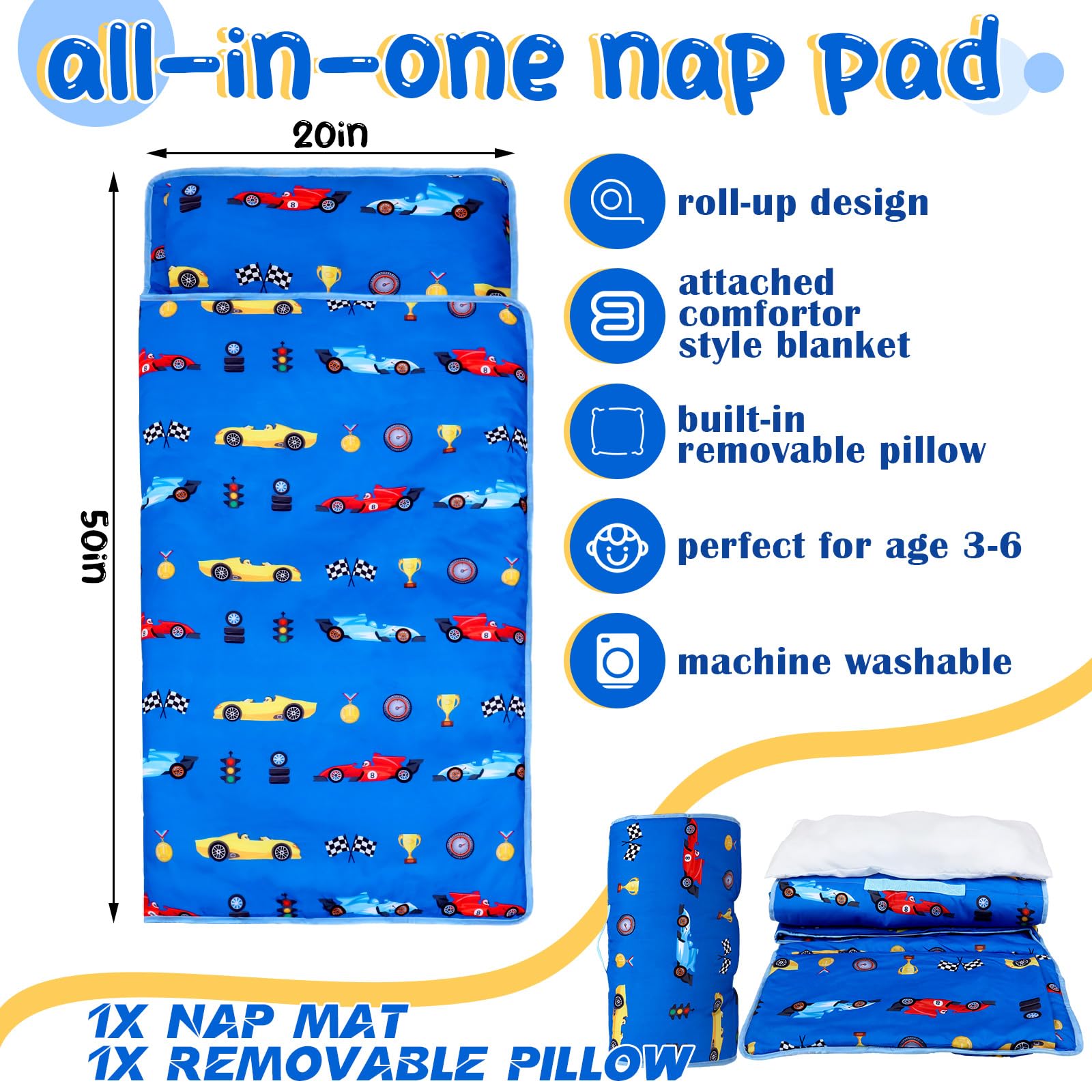 Newwiee Toddler Nap Mat Kids Sleeping Mat with Removable Pillow Blanket Toddler Sleeping Bag Rolled Sleep Mats for Girl Boy Preschool Daycare Travel Camping, 20