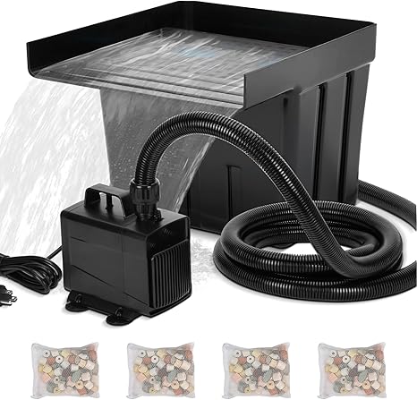 Pond Waterfall Filter Kit, Includes 12.6" Pond Waterfall Box, 125W 1453GPH Pump, 10 FT Corrugated Hose, Filter Media Bag, All-in-One Set for Outdoor Ponds, Koi Ponds, Backyard Water Features