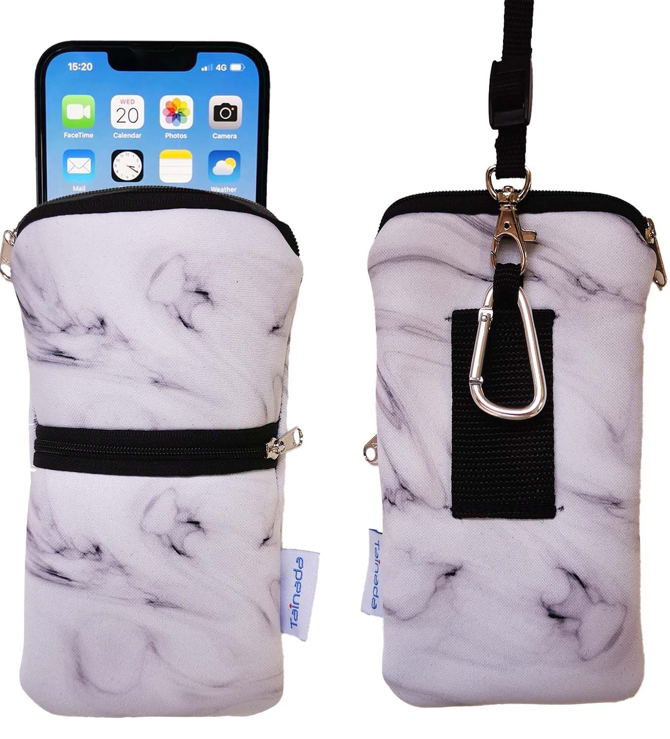 Tainada Dual Zipper Neck Phone Holder Pouch w/Belt Loop (Marble White)