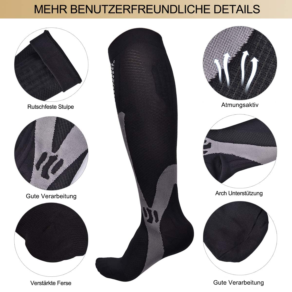 3 Par de Medias de Compresión para Hombre, Medias de Soporte Con Elástico, Calcetines de Compresión Hombres, Adecuado para Deportes, Viajes, Fitness