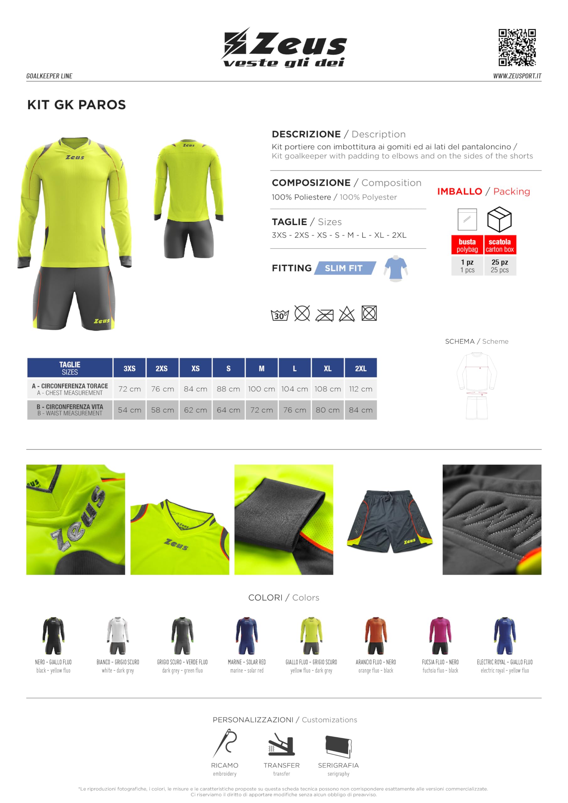 Kit de portero Paros para Zeus Sport Fútbol Fútbol Relax Entrenamiento Fitness Gimnasio Football Tracksuit Training Free Time Tiempo Libre Goalkeeper Relleno